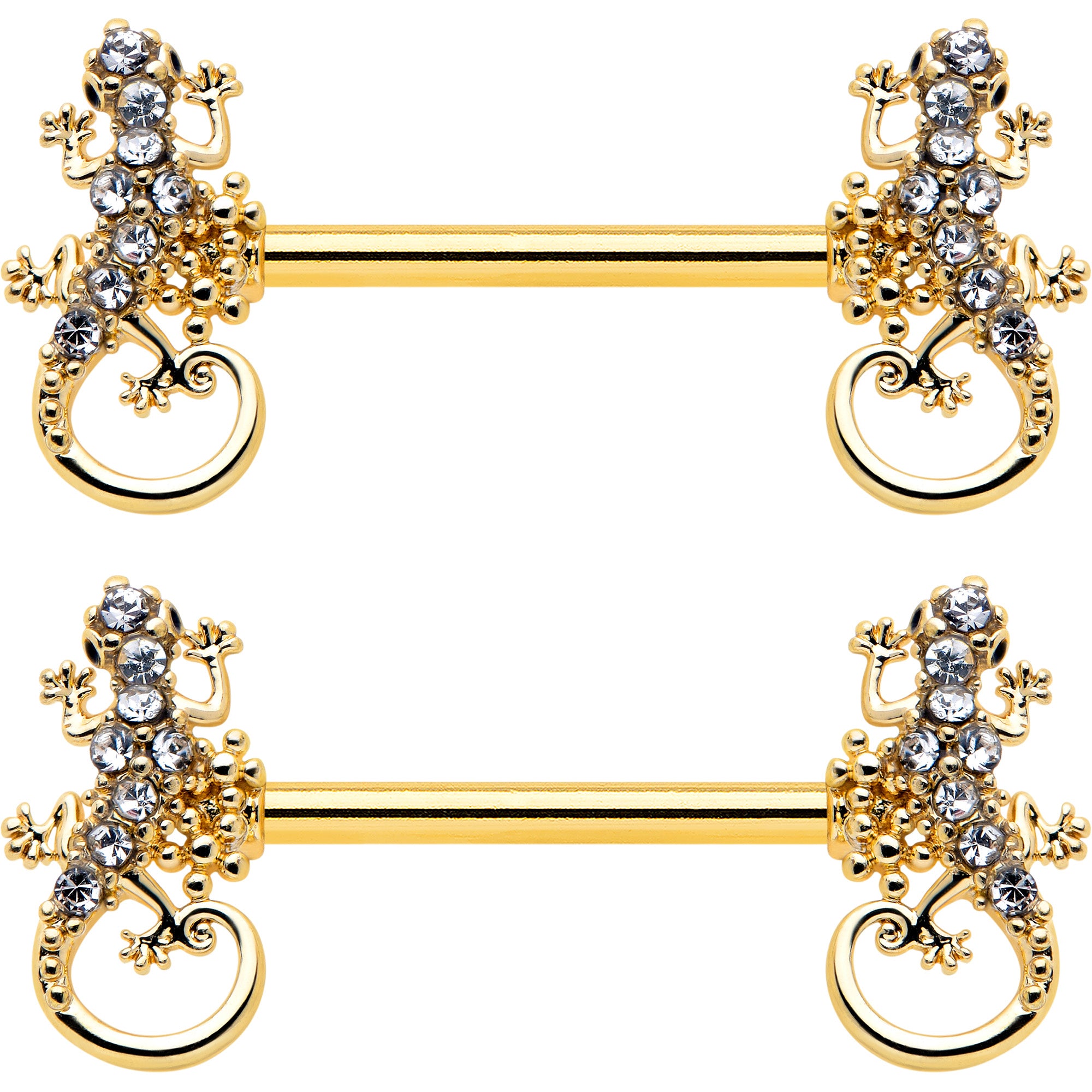 14G 9/16 Clear Gem Gold Hue Luscious Lizard Barbell Nipple Ring Set