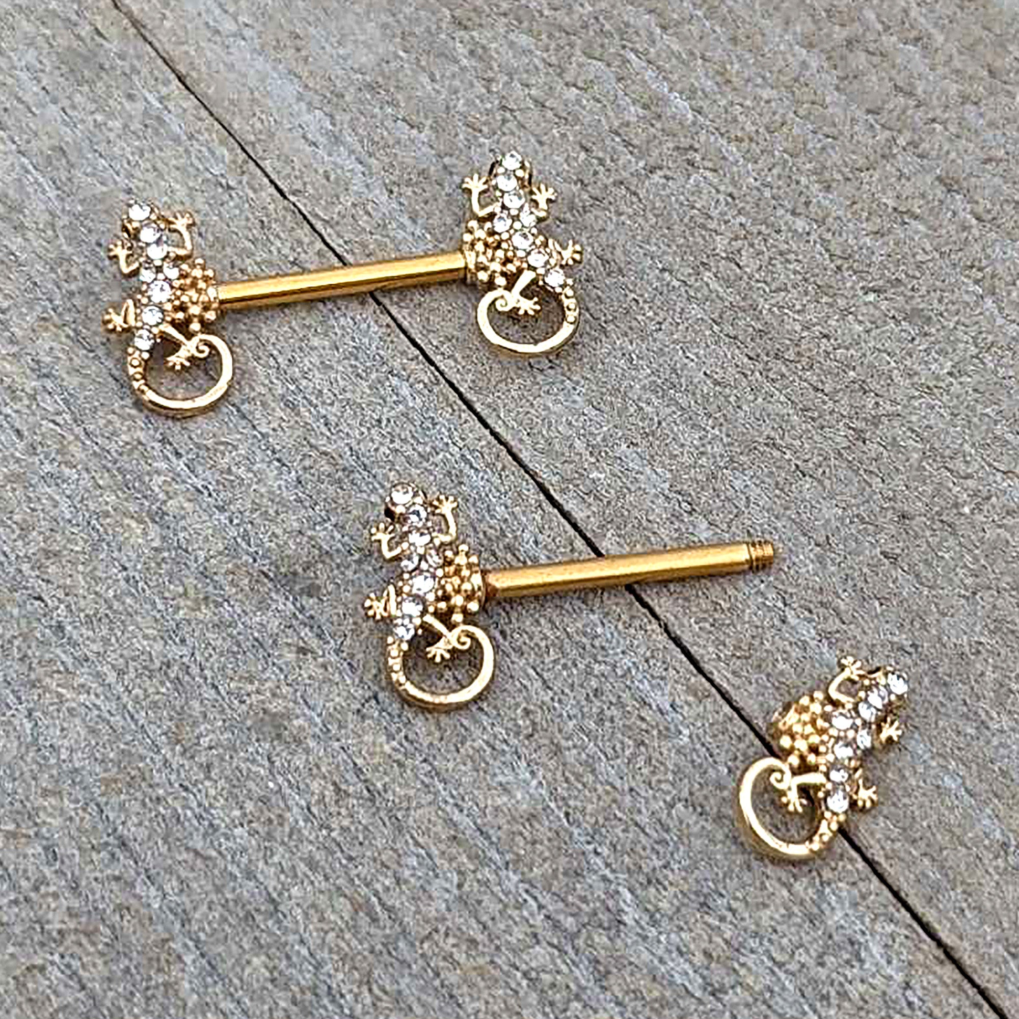 14G 9/16 Clear Gem Gold Hue Luscious Lizard Barbell Nipple Ring Set
