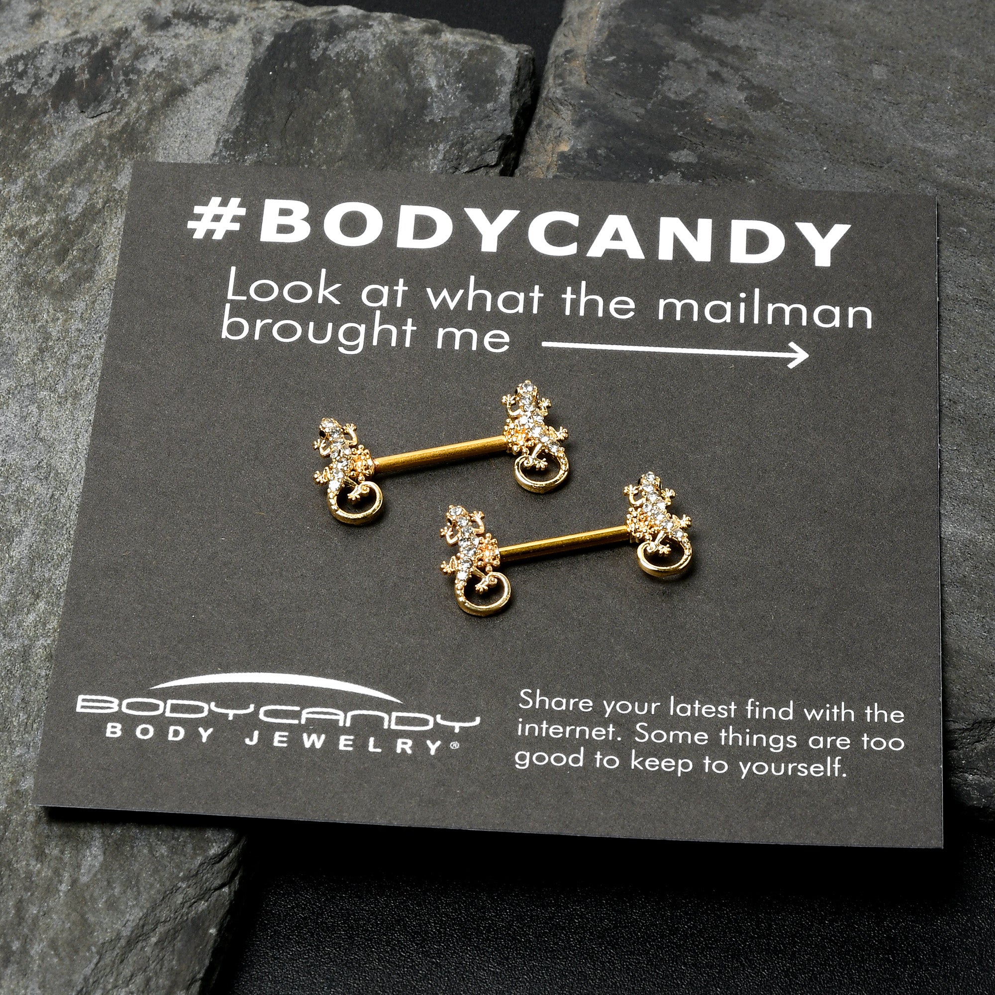 14G 9/16 Clear Gem Gold Hue Luscious Lizard Barbell Nipple Ring Set