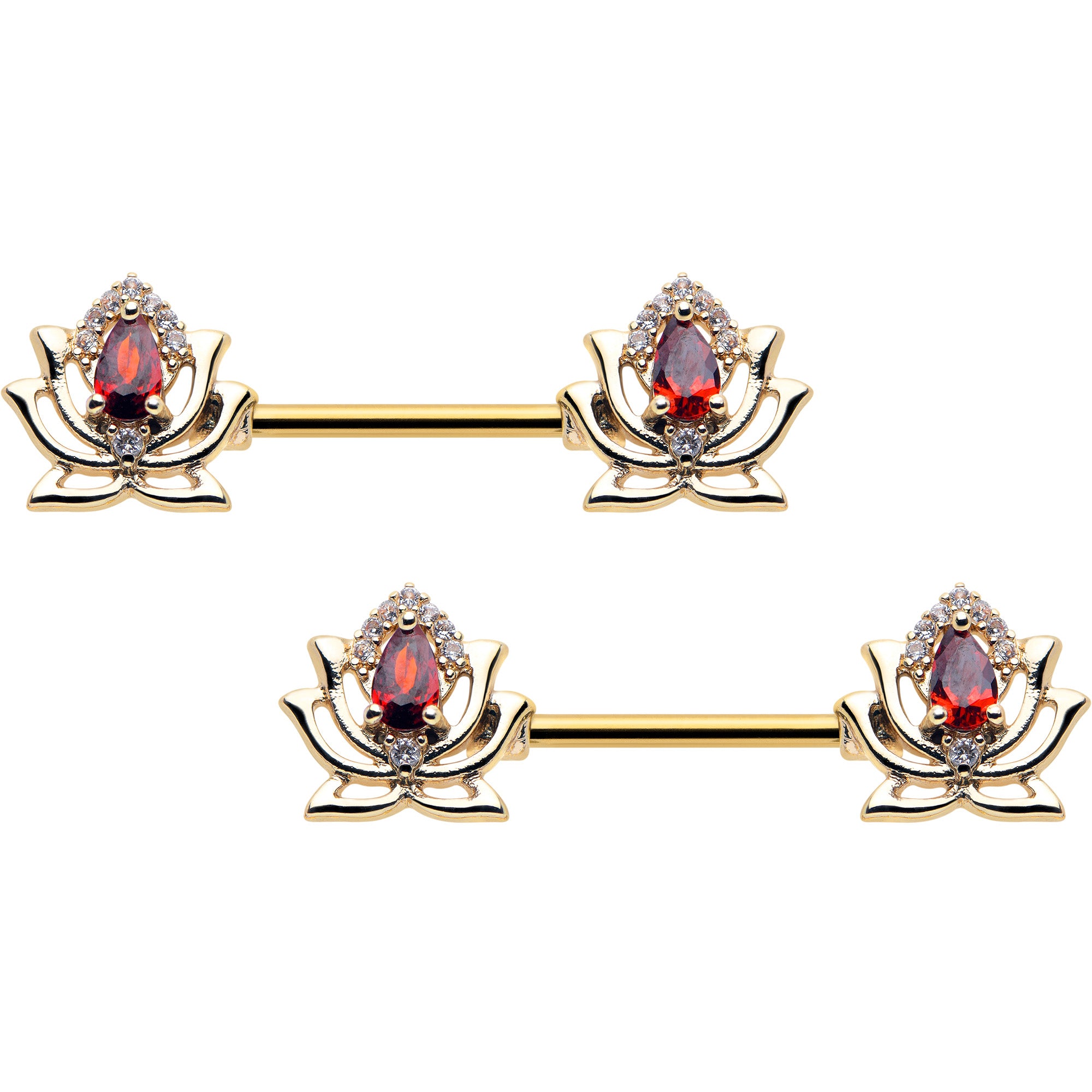 14G 9/16 Red Gem Gold Tone Royal Lotus Barbell Nipple Ring Set