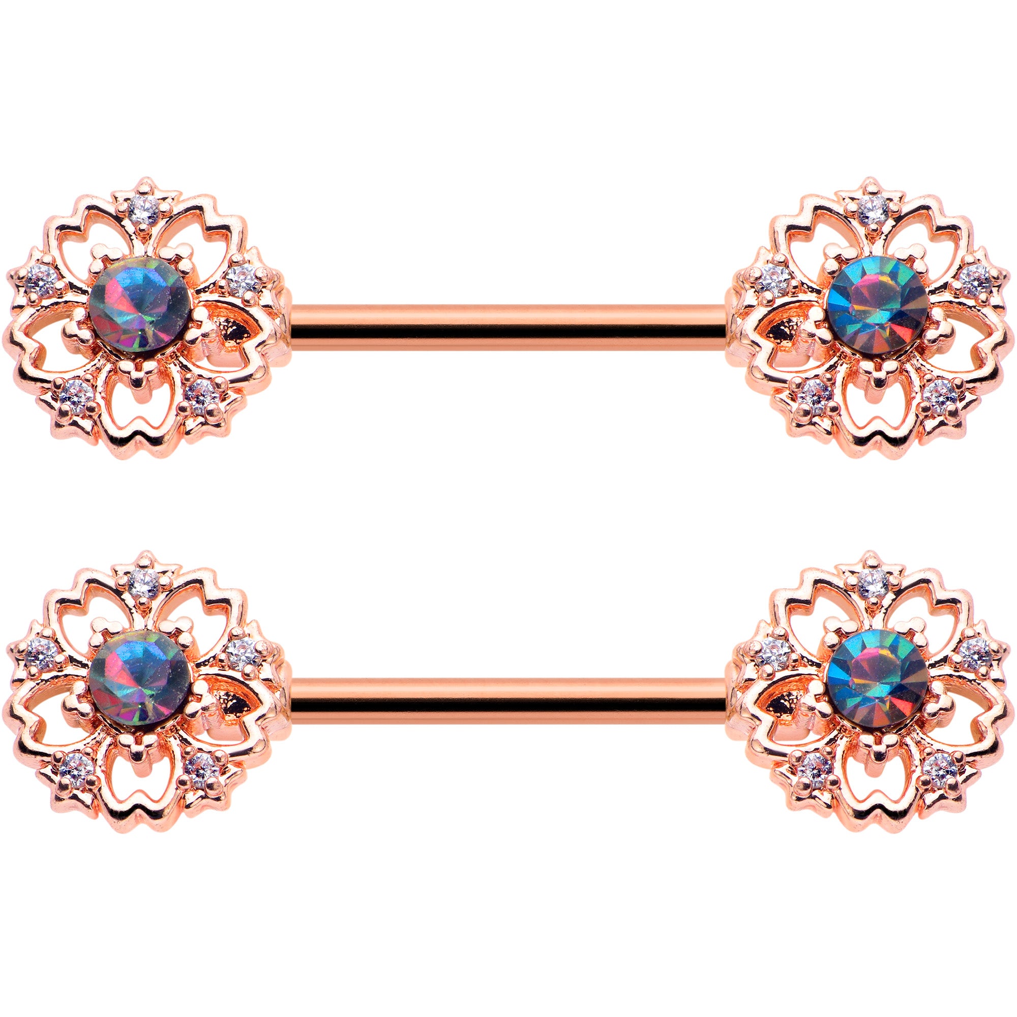 14G 9/16 Vitrail Gem Rosy Hue Flower Barbell Nipple Ring Set