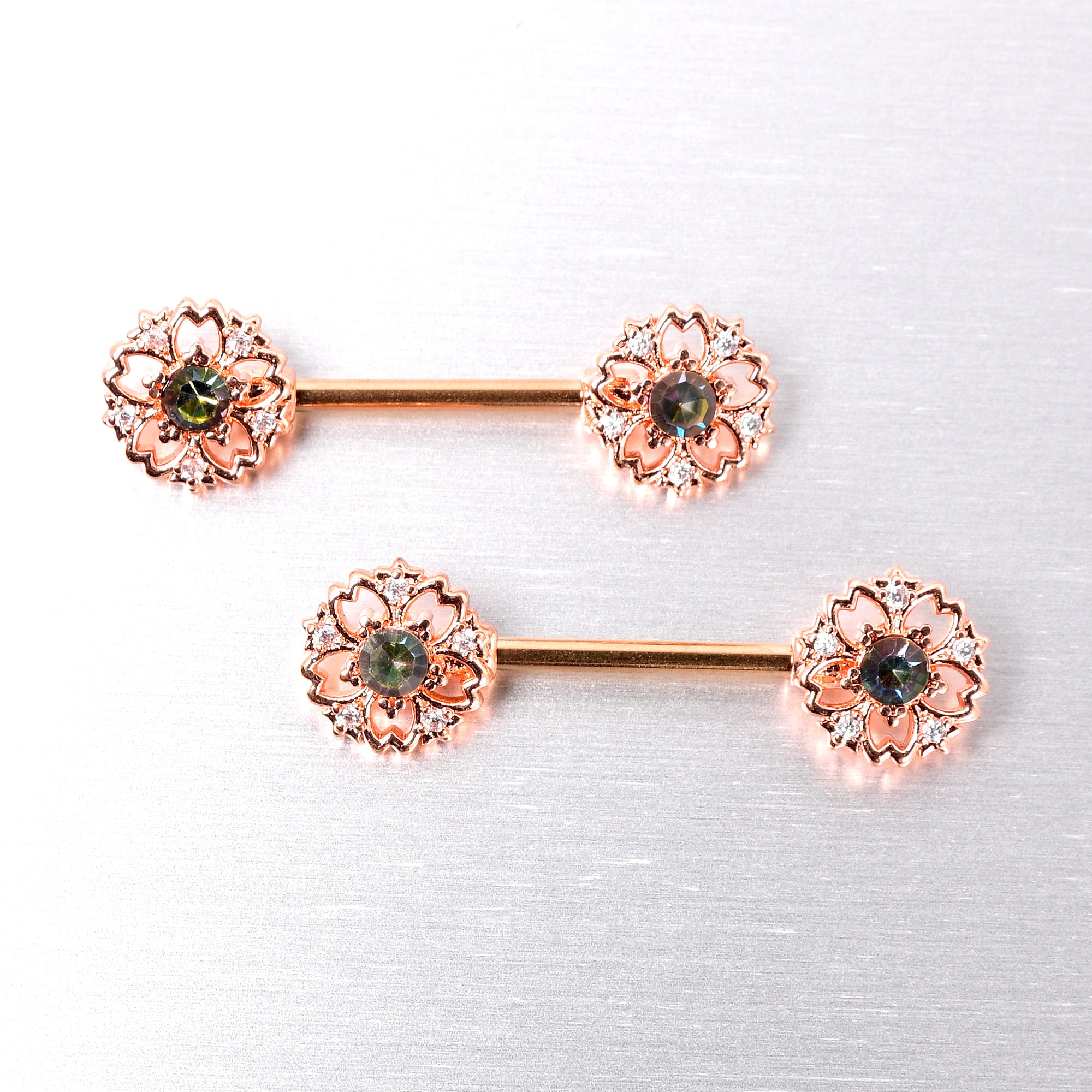 14G 9/16 Vitrail Gem Rosy Hue Flower Barbell Nipple Ring Set
