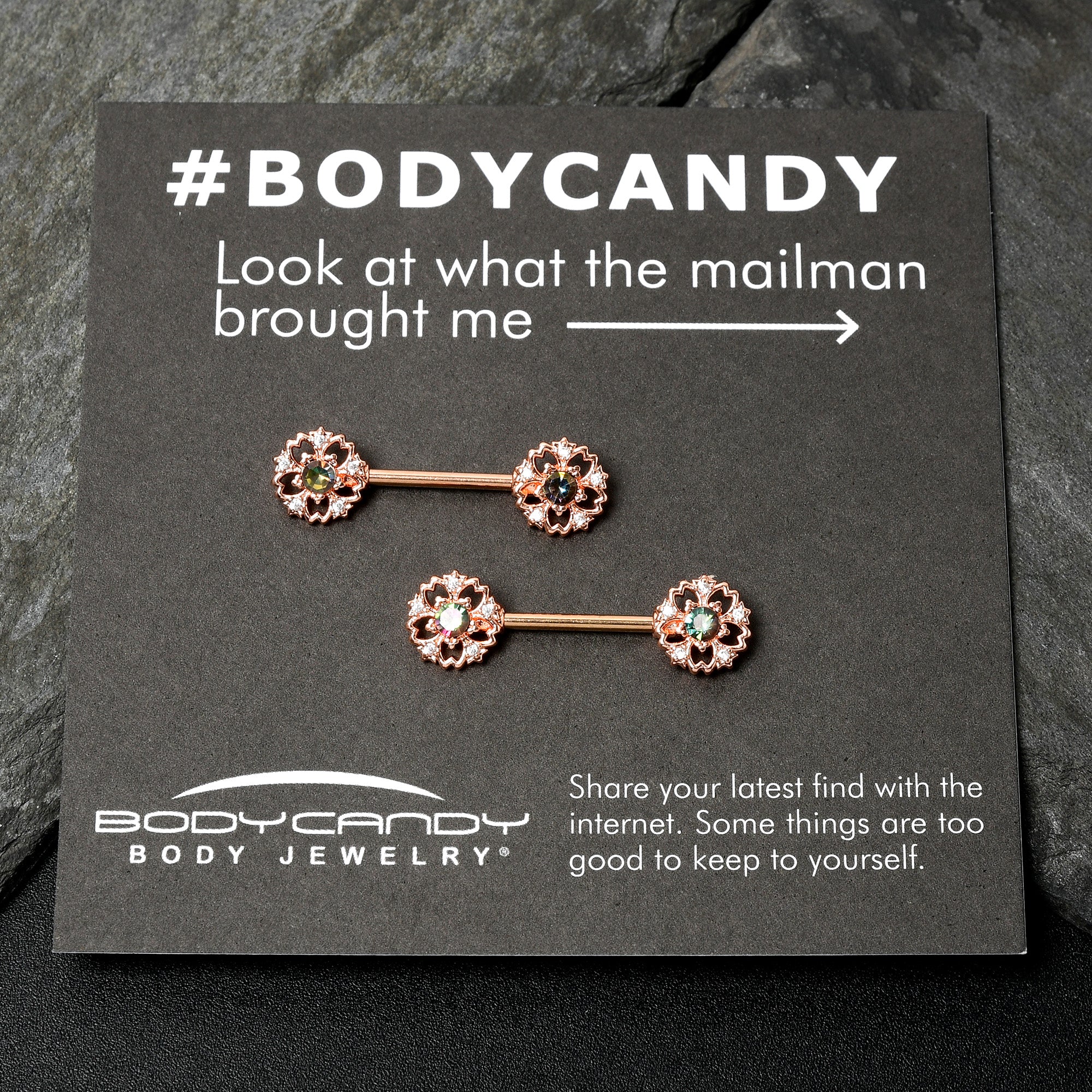 14G 9/16 Vitrail Gem Rosy Hue Flower Barbell Nipple Ring Set