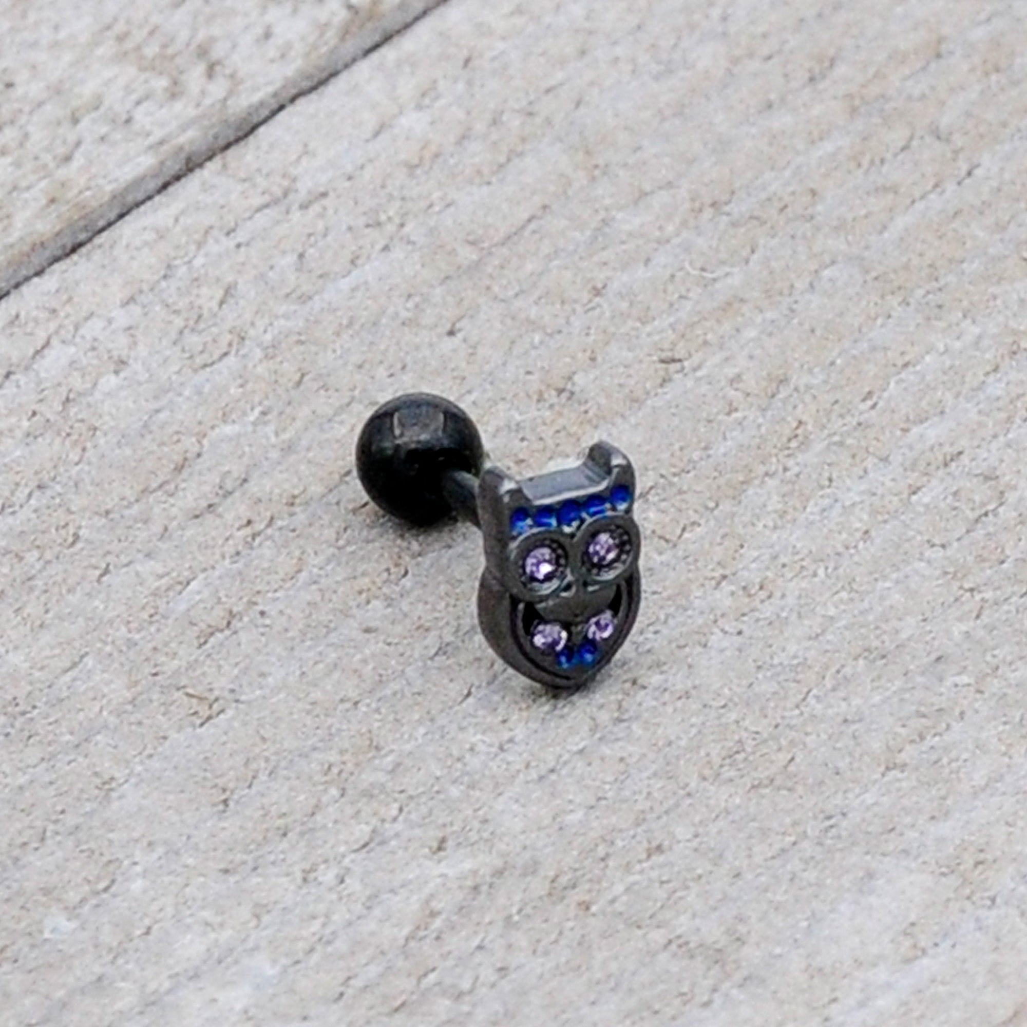 16G 1/4 Purple Gem Black Opulent Owl Cartilage Tragus Earring