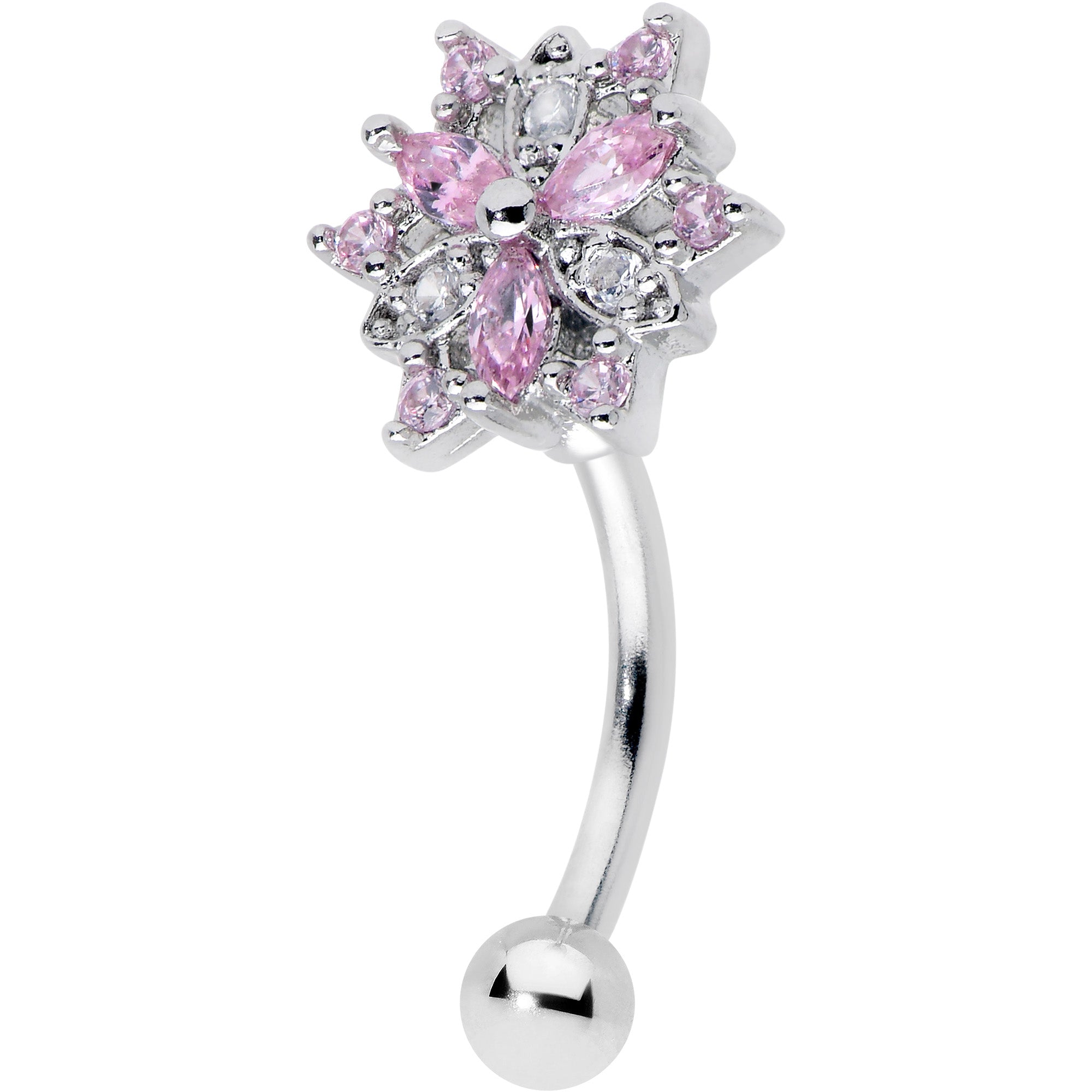 16G 5/16 Pink Clear CZ Gem Snowflake Style Curved Eyebrow Ring