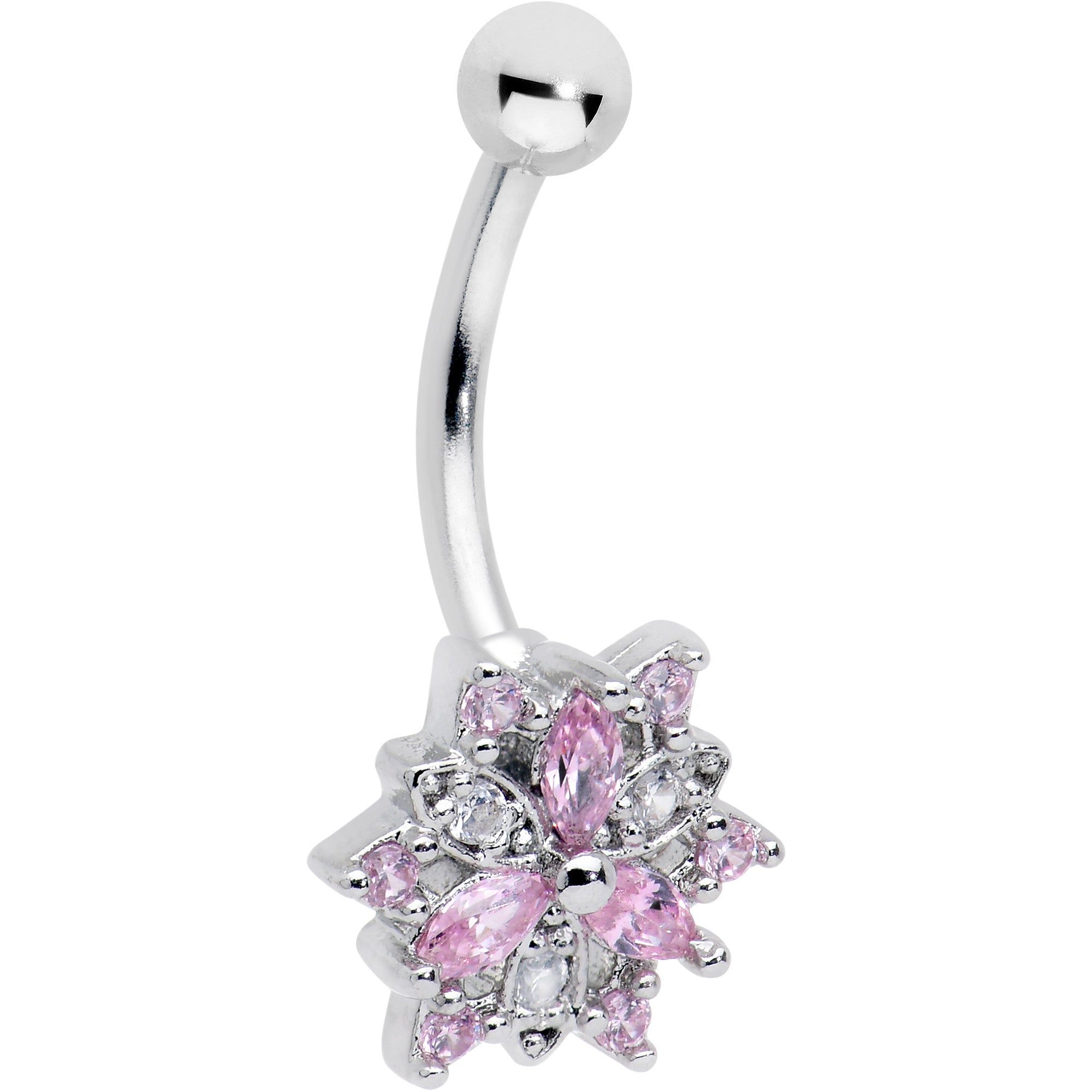 16G 5/16 Pink Clear CZ Gem Snowflake Style Curved Eyebrow Ring