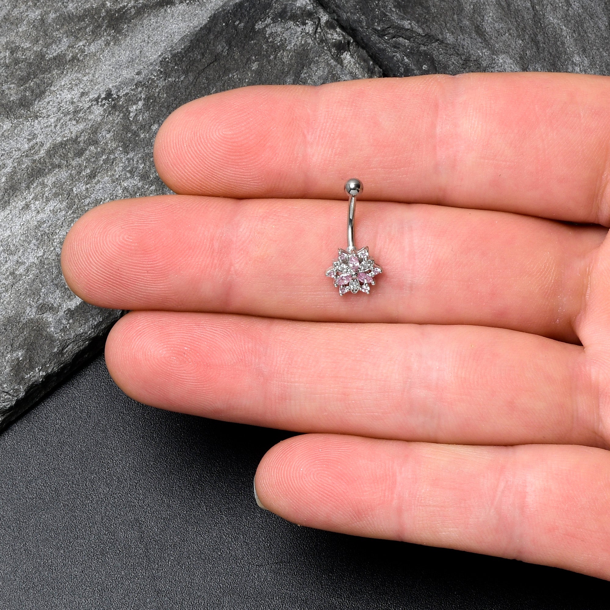 16G 5/16 Pink Clear CZ Gem Snowflake Style Curved Eyebrow Ring