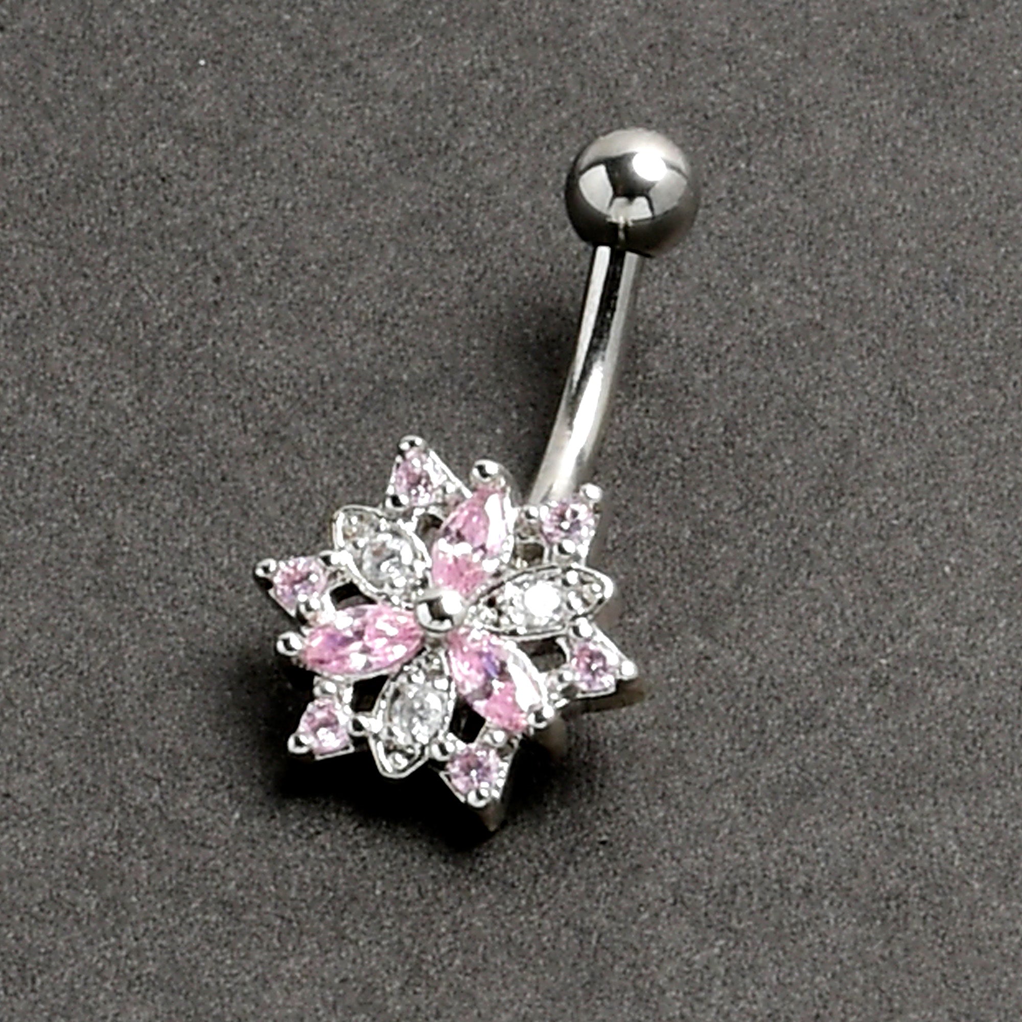 16G 5/16 Pink Clear CZ Gem Snowflake Style Curved Eyebrow Ring