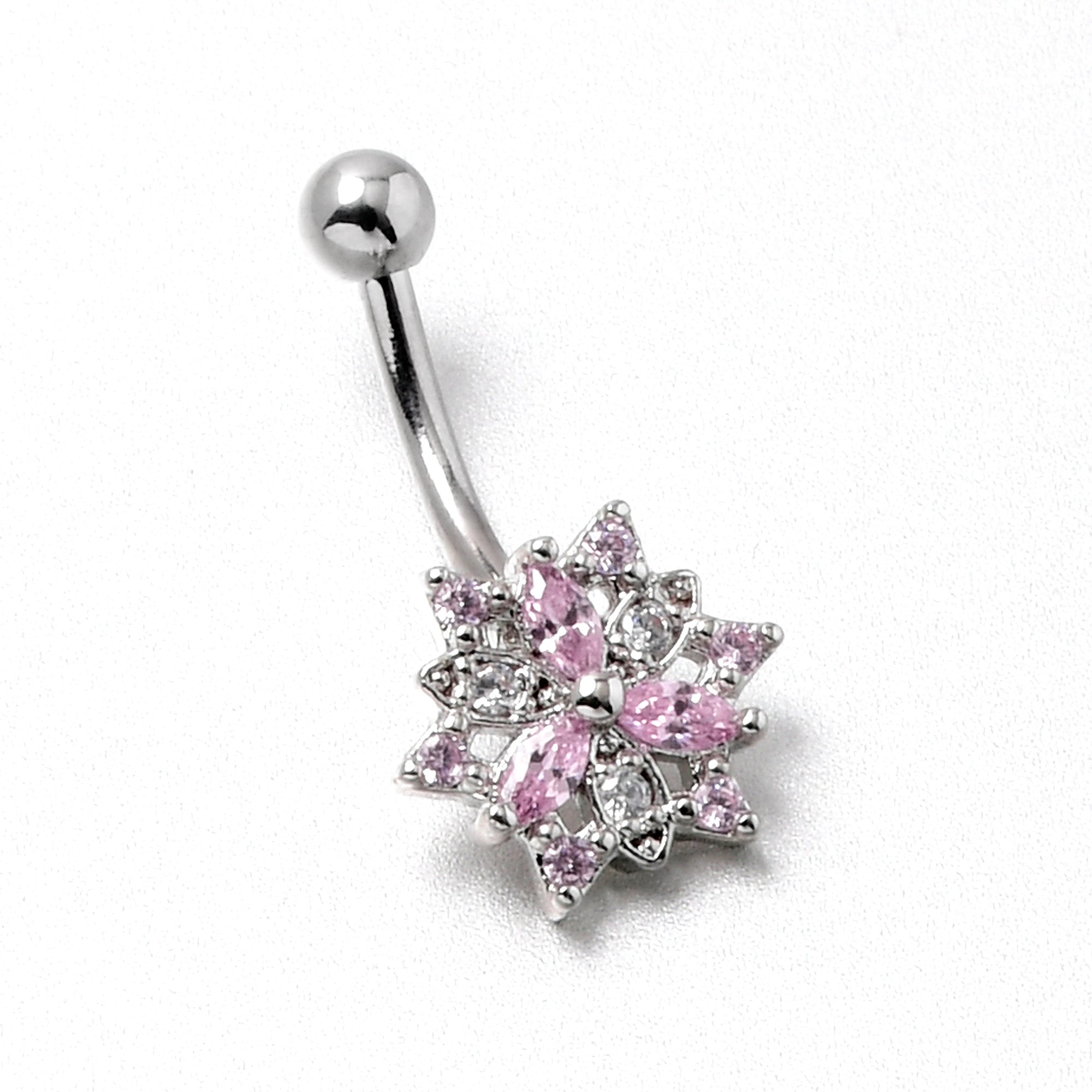 16G 5/16 Pink Clear CZ Gem Snowflake Style Curved Eyebrow Ring