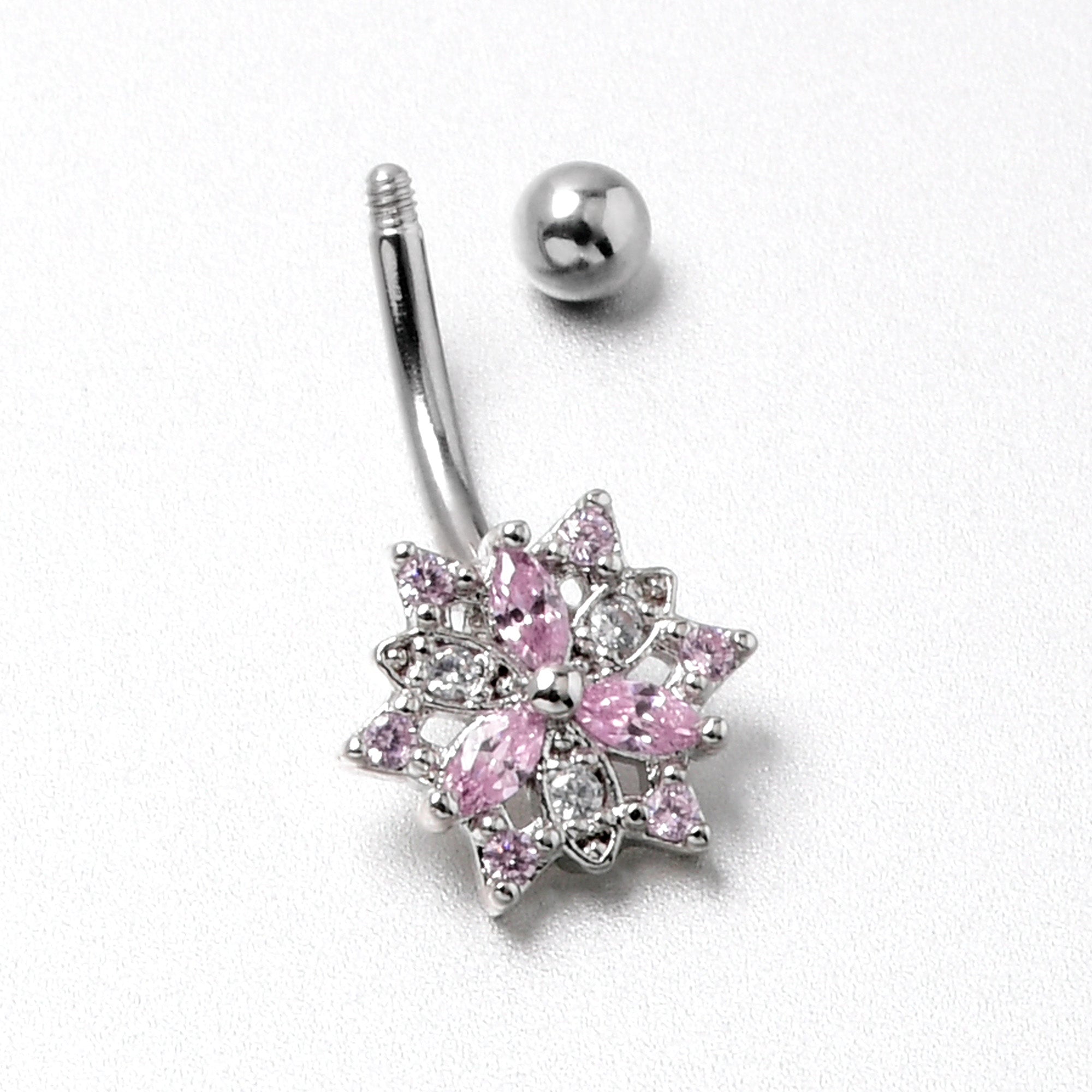 16G 5/16 Pink Clear CZ Gem Snowflake Style Curved Eyebrow Ring