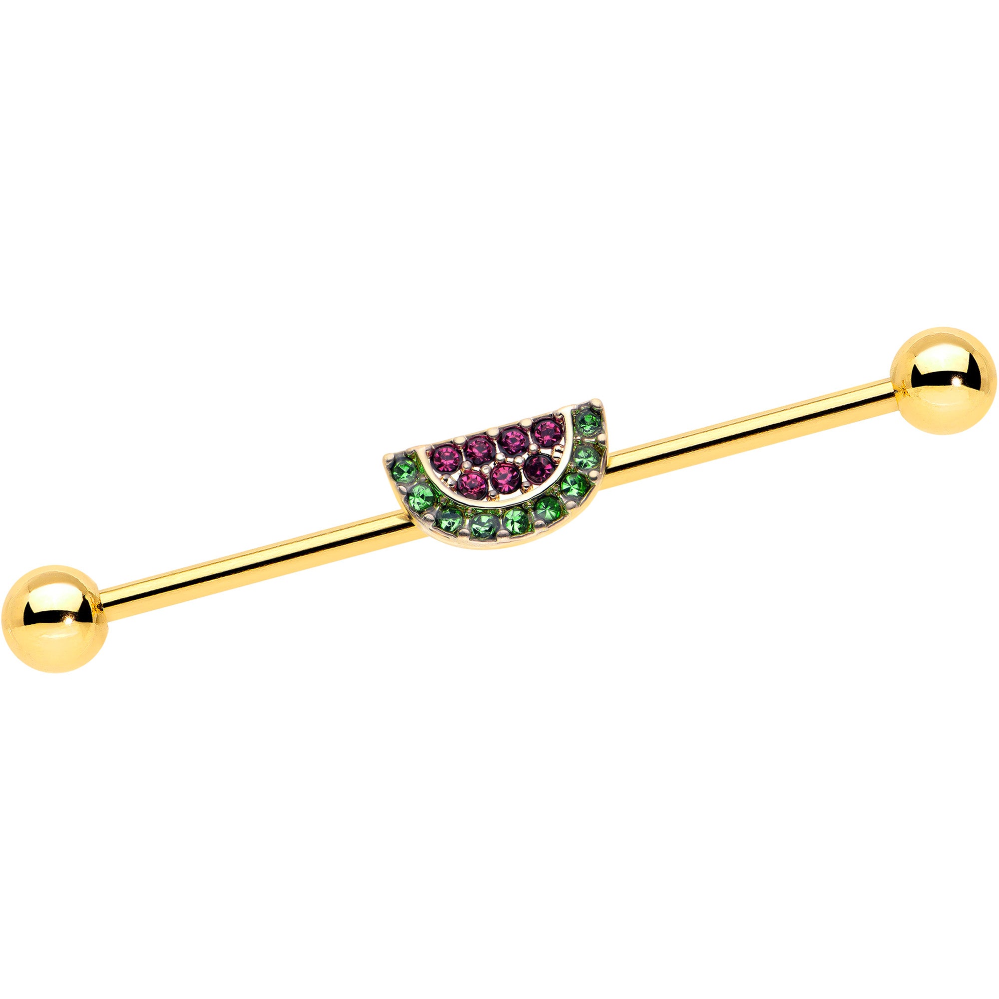 14G Pink Green Gem Gold Hue Watermelon Yum Industrial Barbell 38mm