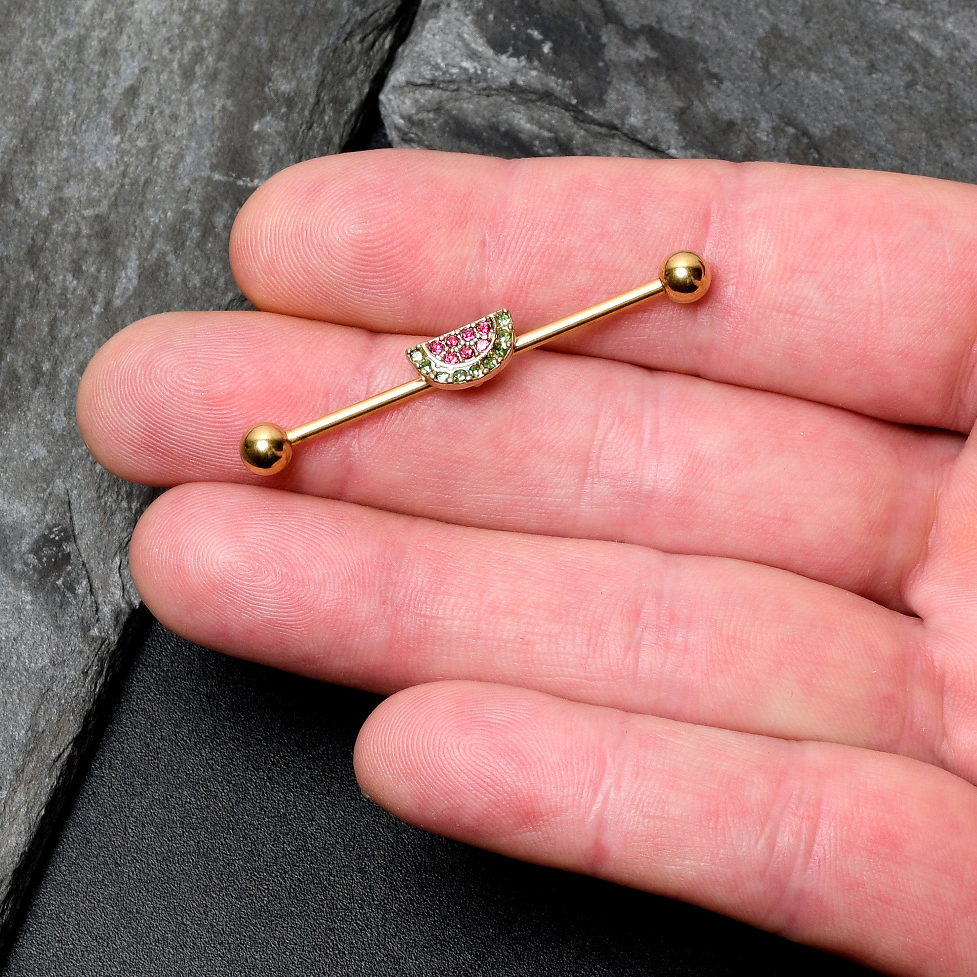 14G Pink Green Gem Gold Hue Watermelon Yum Industrial Barbell 38mm