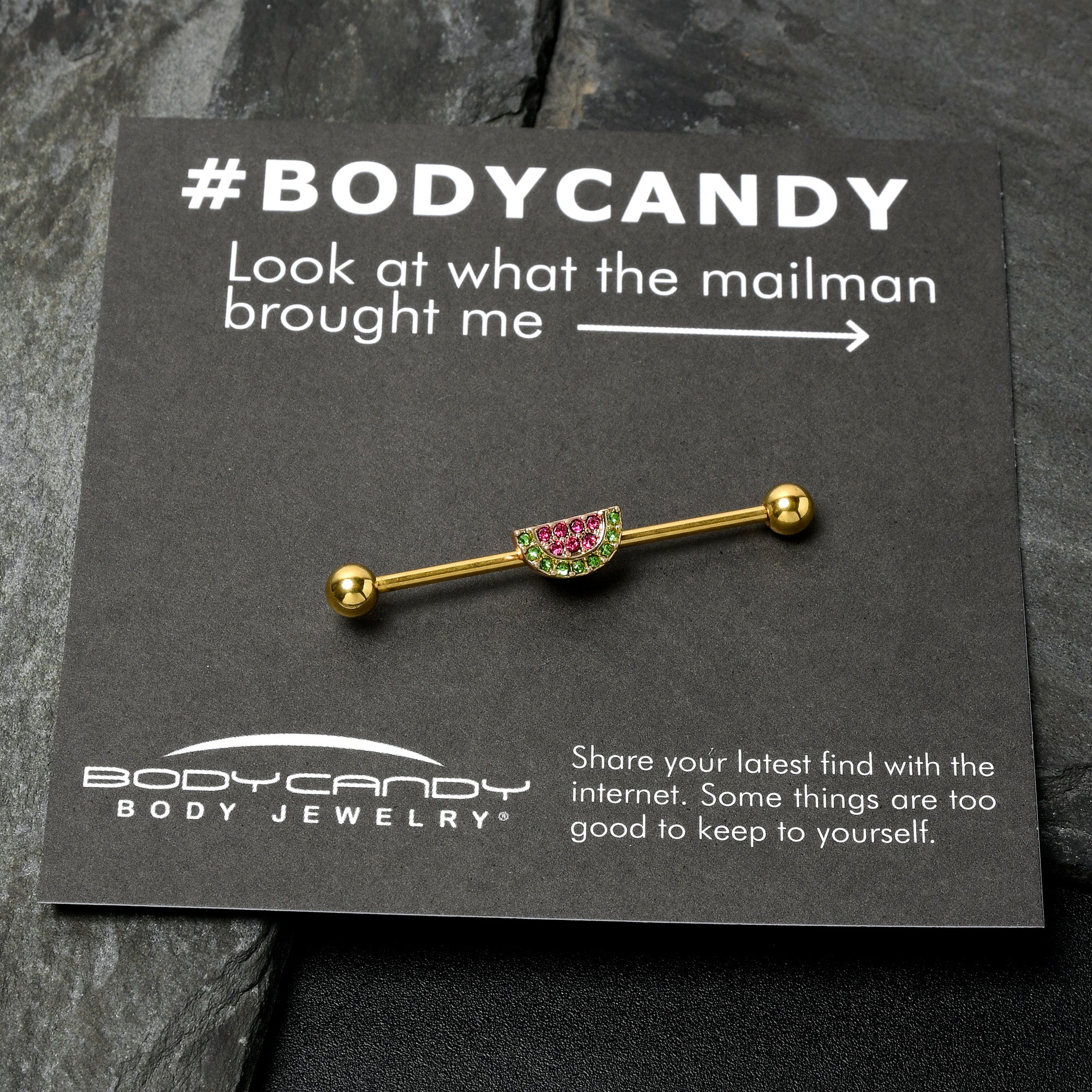 14G Pink Green Gem Gold Hue Watermelon Yum Industrial Barbell 38mm