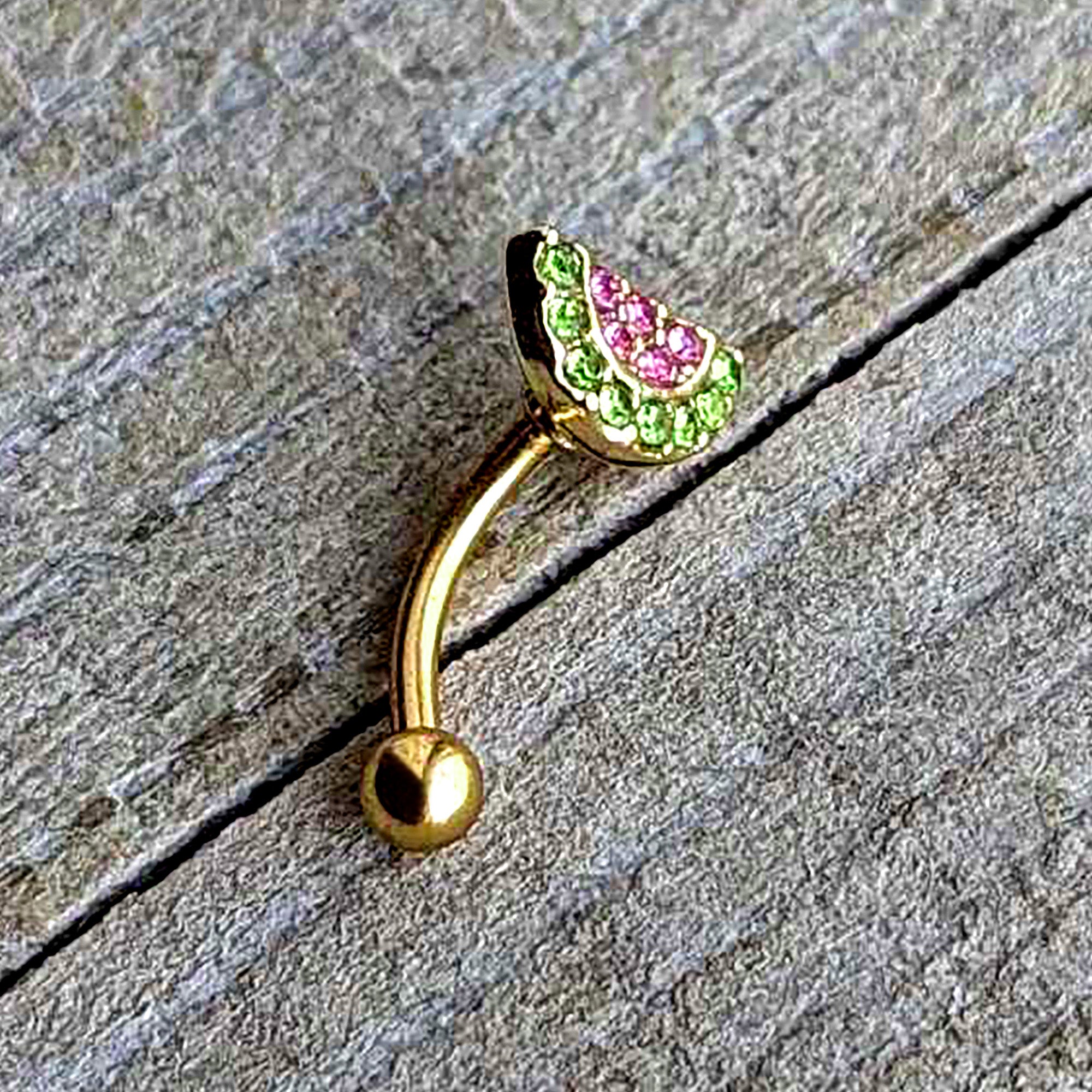 16G 5/16 Pink Gem Gold Tone Watermelon Yum Curved Eyebrow Ring