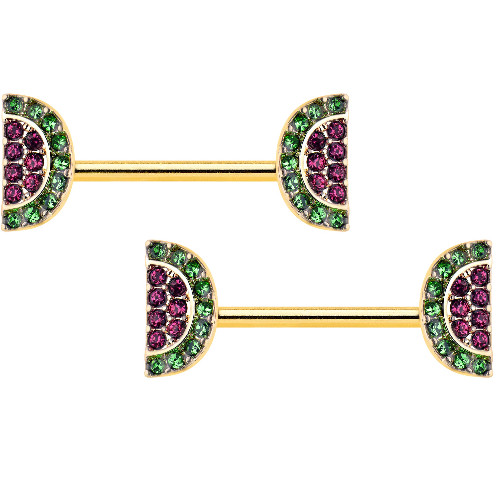 14G 9/16 Pink Gem Gold Hue Watermelon Yum Barbell Nipple Ring Set
