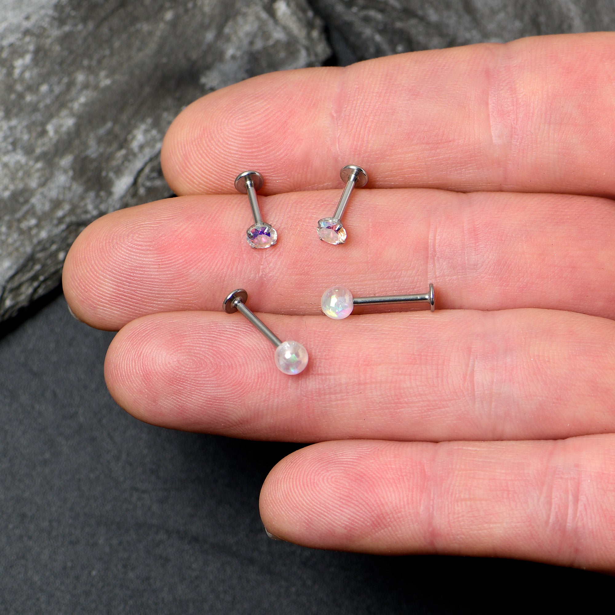 16G 5/16 3/8 Aurora Gem White Faux Opal Labret Monroe Set of 4