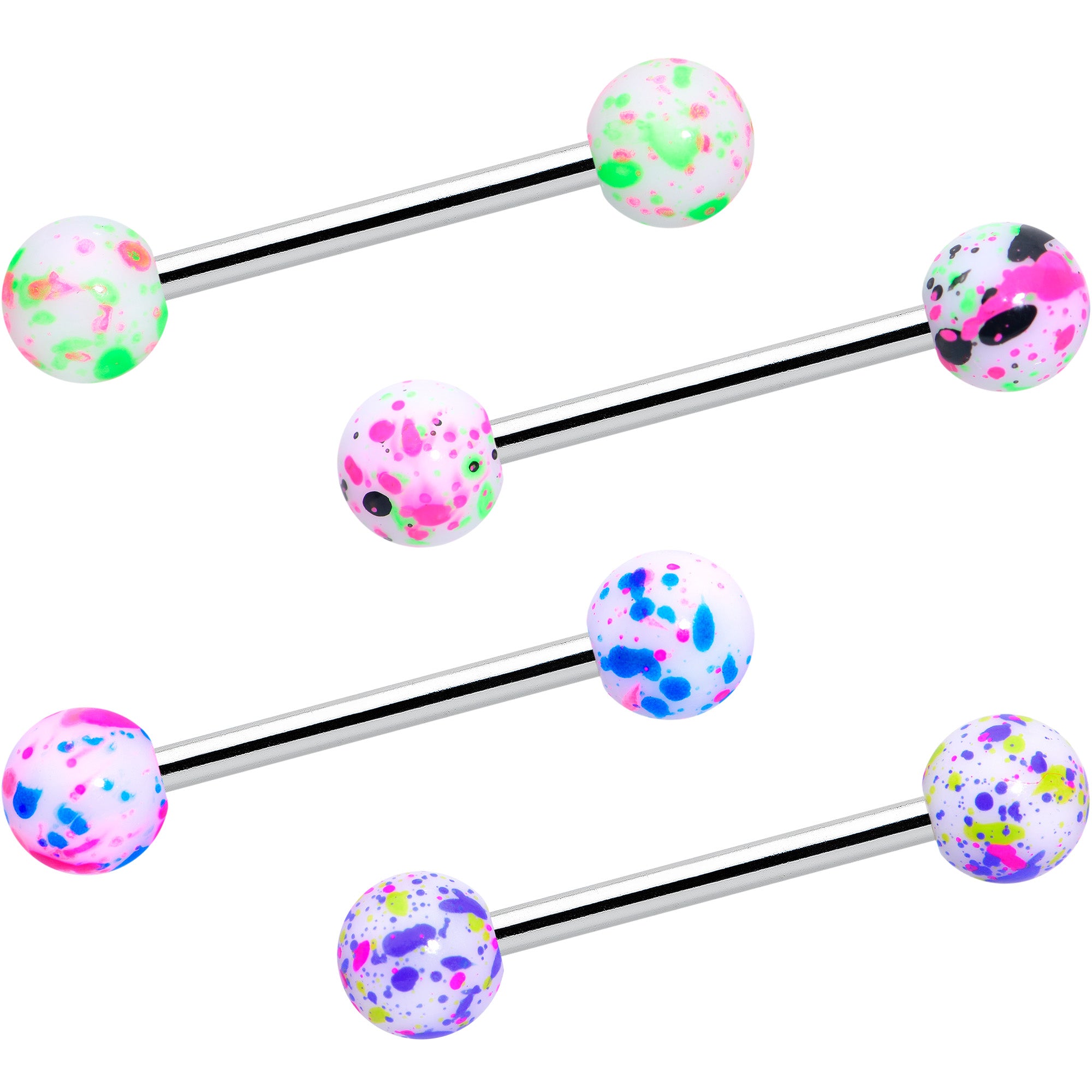 Green Blue Pink Splatter Barbell Tongue Ring Set of 4