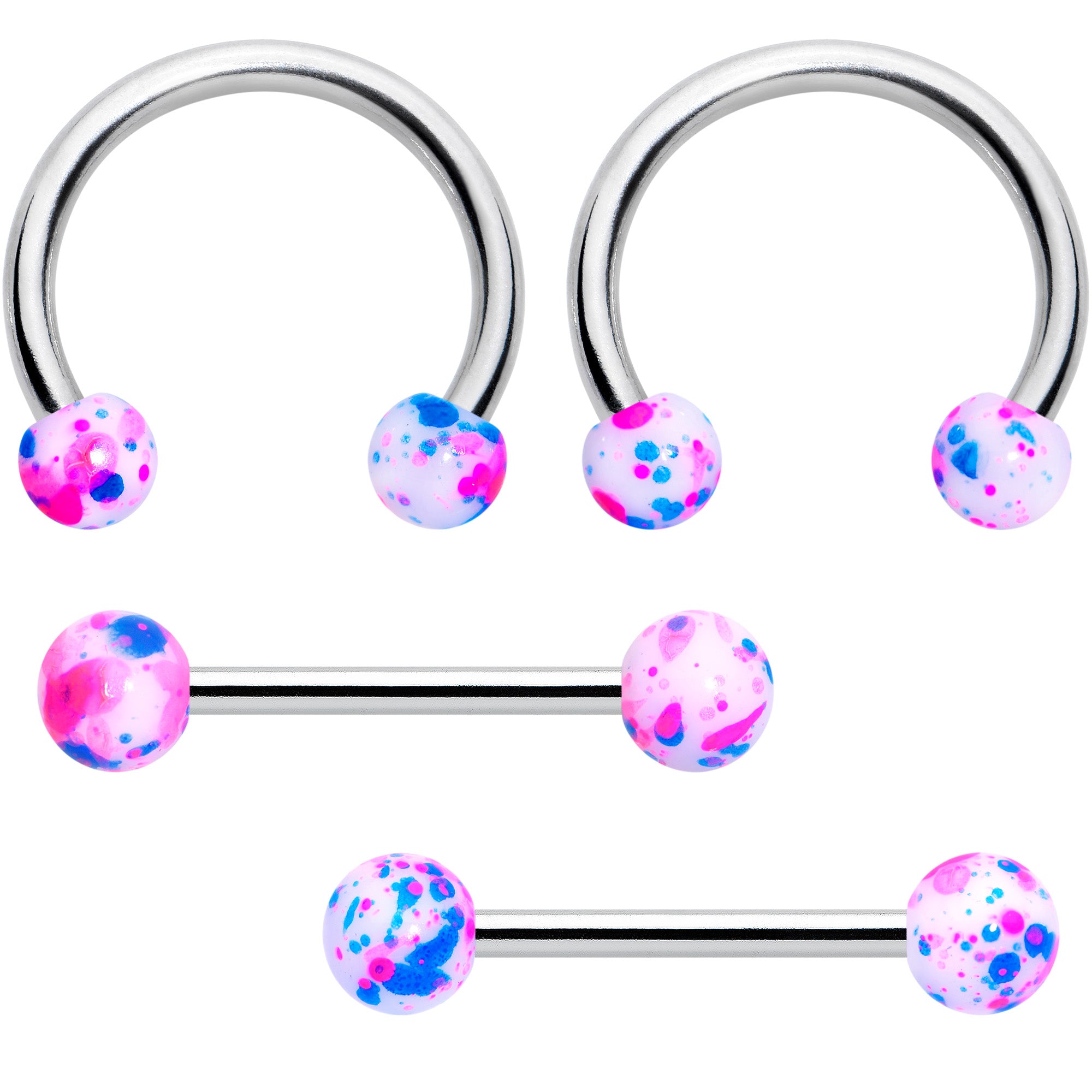 14G 9/16 1/2 Splatter Blue Pink Barbell Horseshoe Nipple Ring Set of 4
