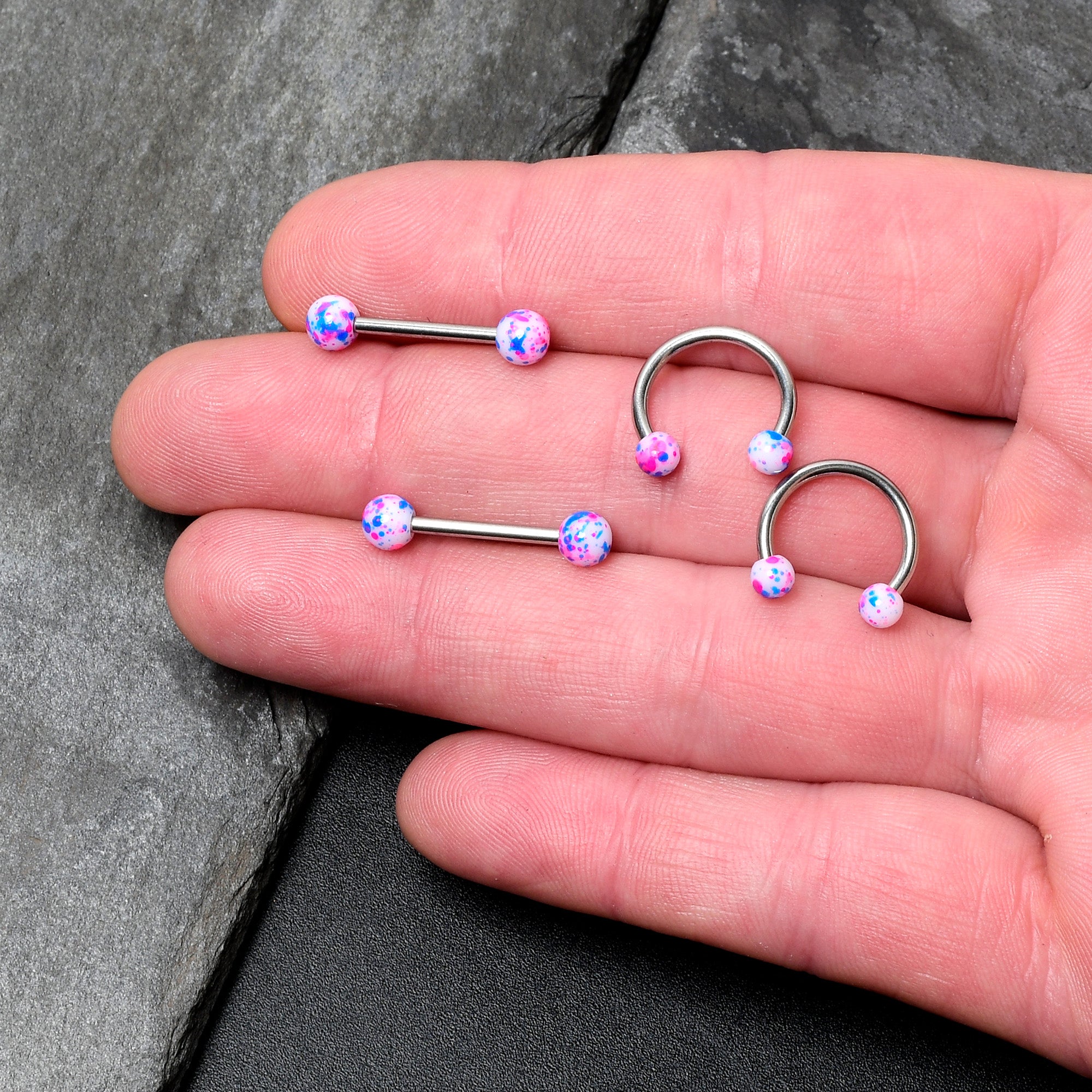 14G 9/16 1/2 Splatter Blue Pink Barbell Horseshoe Nipple Ring Set of 4
