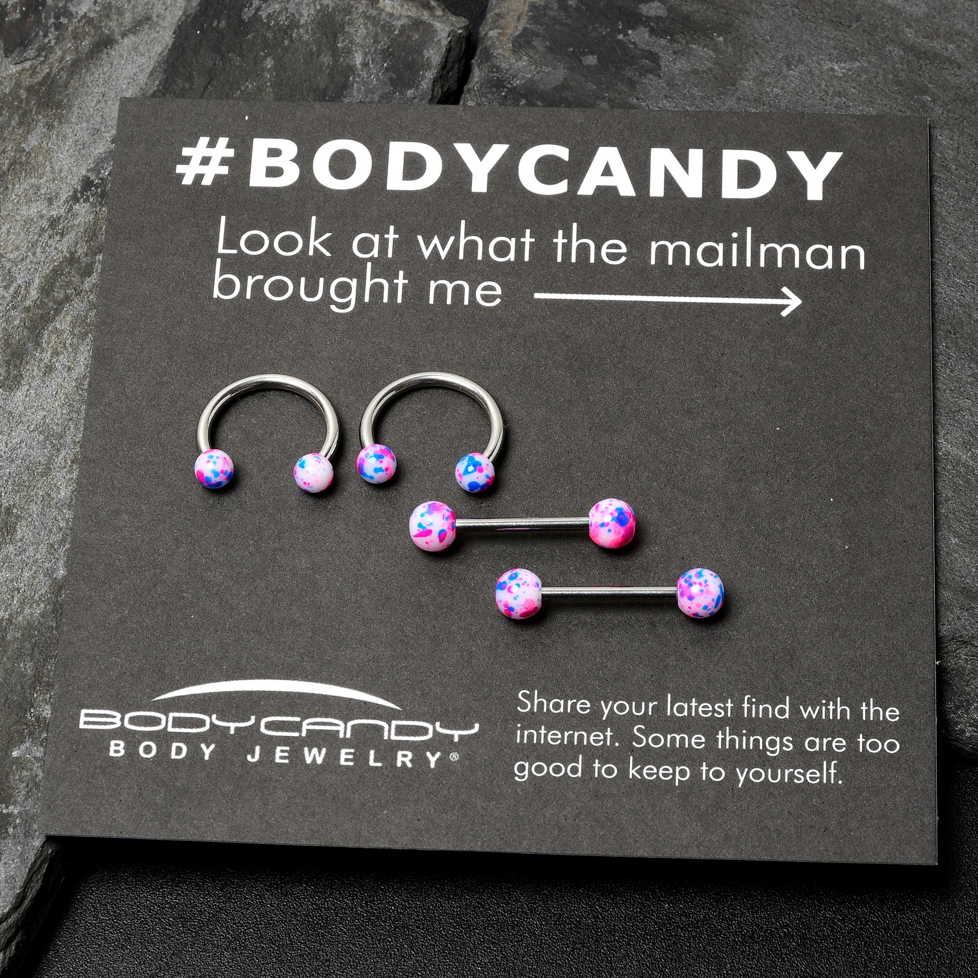 14G 9/16 1/2 Splatter Blue Pink Barbell Horseshoe Nipple Ring Set of 4