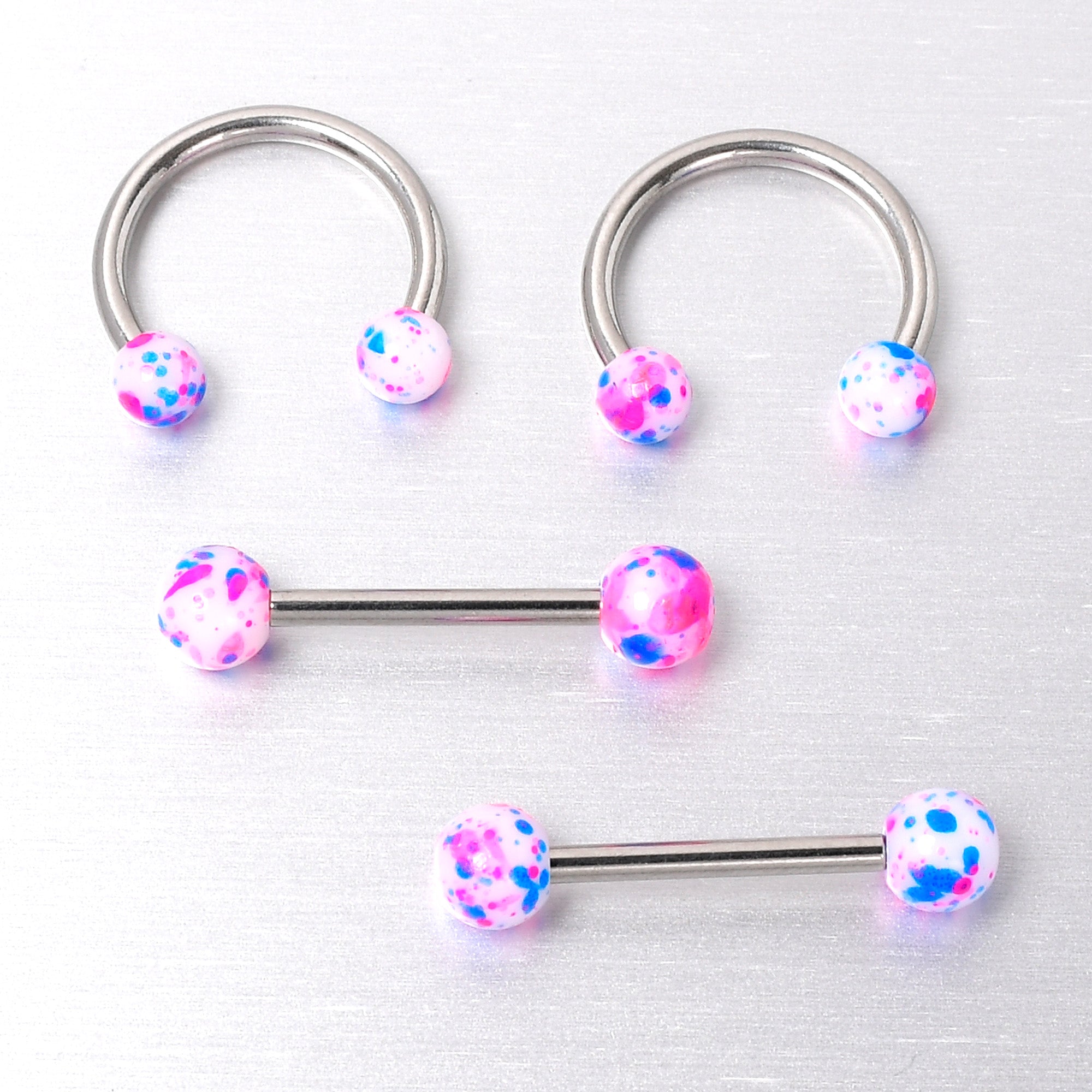 14G 9/16 1/2 Splatter Blue Pink Barbell Horseshoe Nipple Ring Set of 4