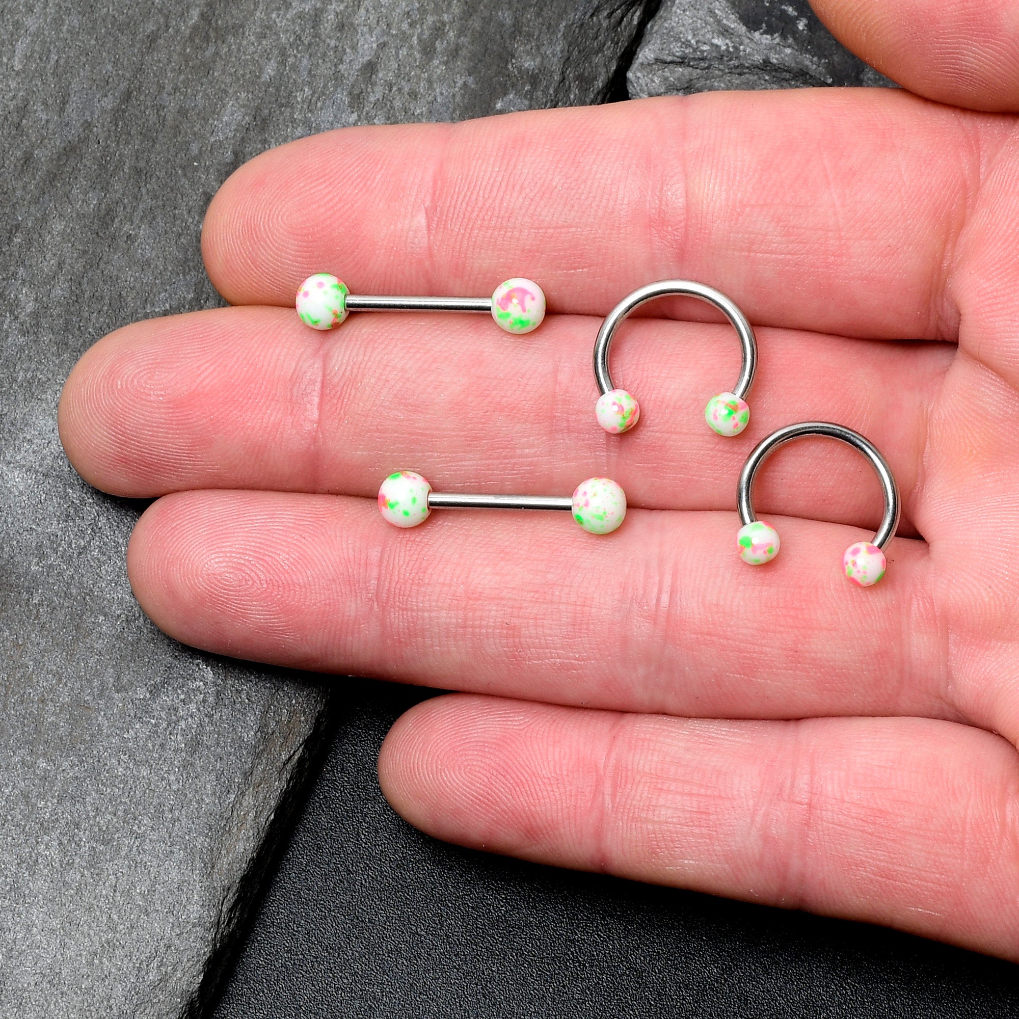 14G 9/16 1/2 Splatter Green Pink Barbell Horseshoe Nipple Ring Set of 4