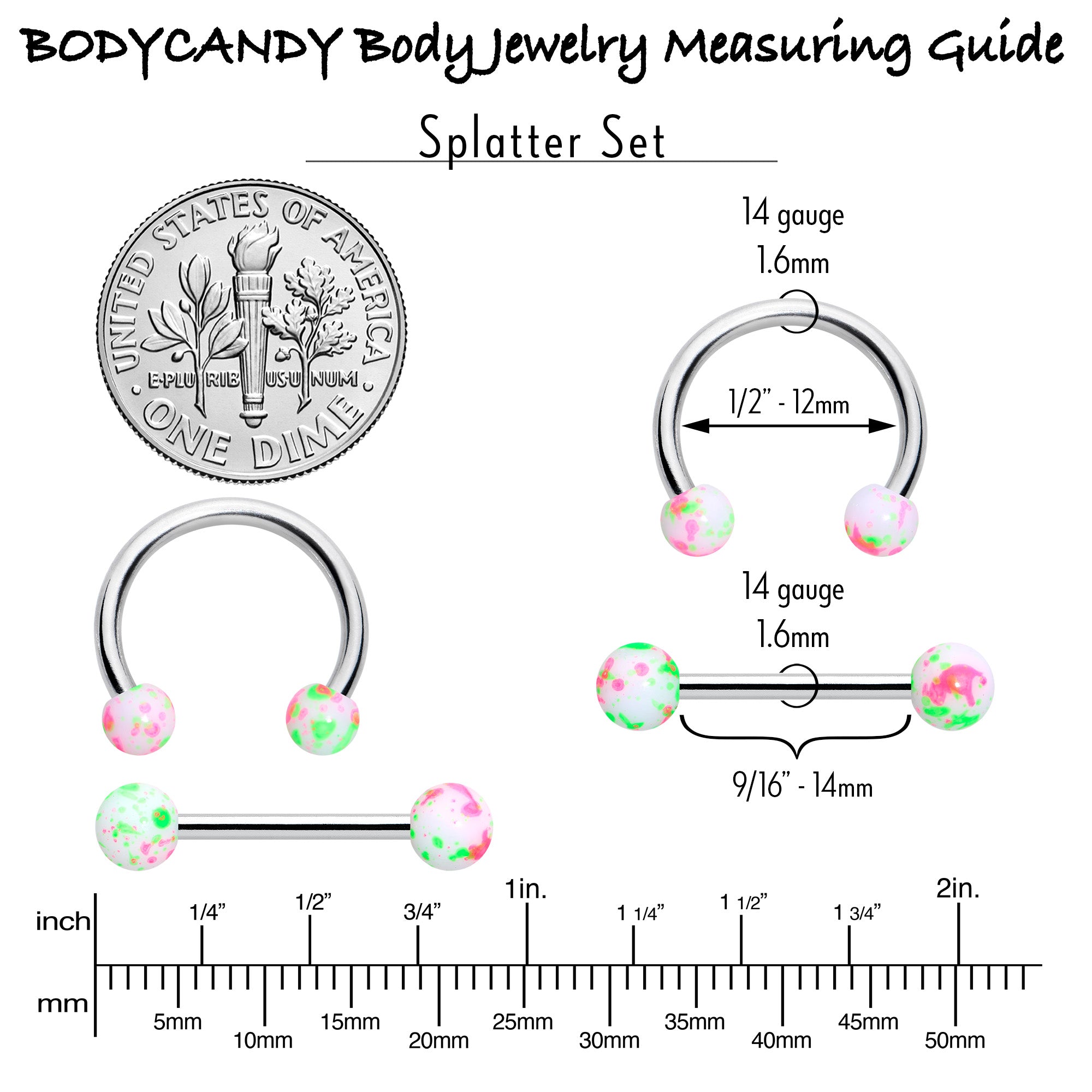 14G 9/16 1/2 Splatter Green Pink Barbell Horseshoe Nipple Ring Set of 4