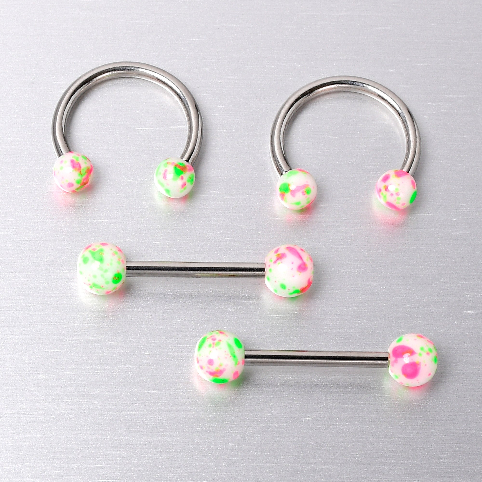 14G 9/16 1/2 Splatter Green Pink Barbell Horseshoe Nipple Ring Set of 4