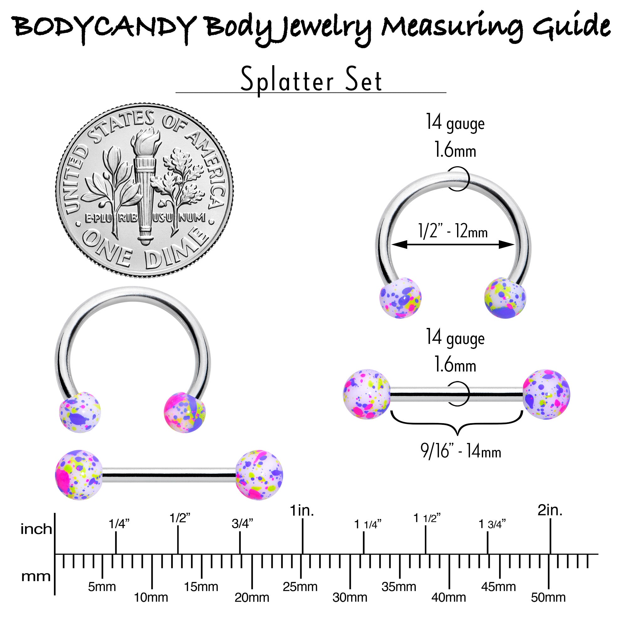 14G 9/16 1/2 Splatter Green Purple Barbell Horseshoe Nipple Ring Set of 4