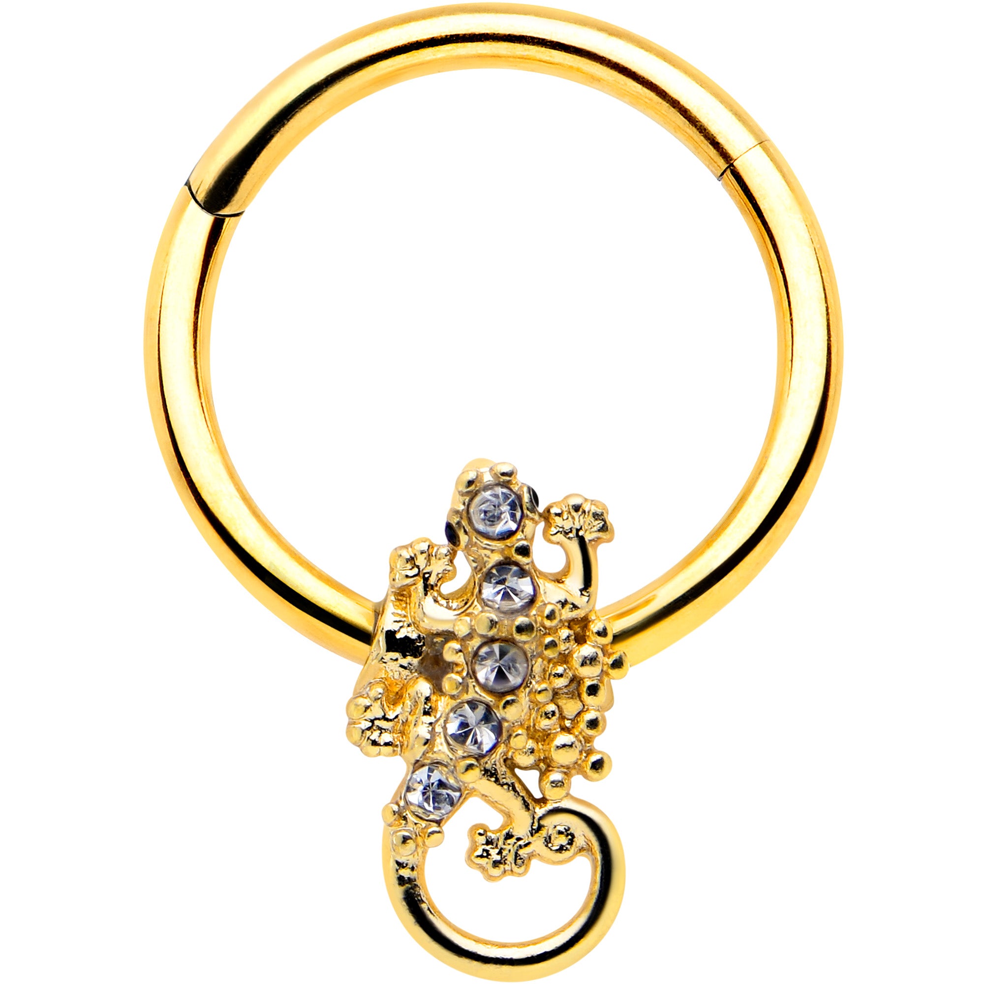 16G 3/8 Clear Gem Gold Tone Luscious Lizard Hinged Segment Ring