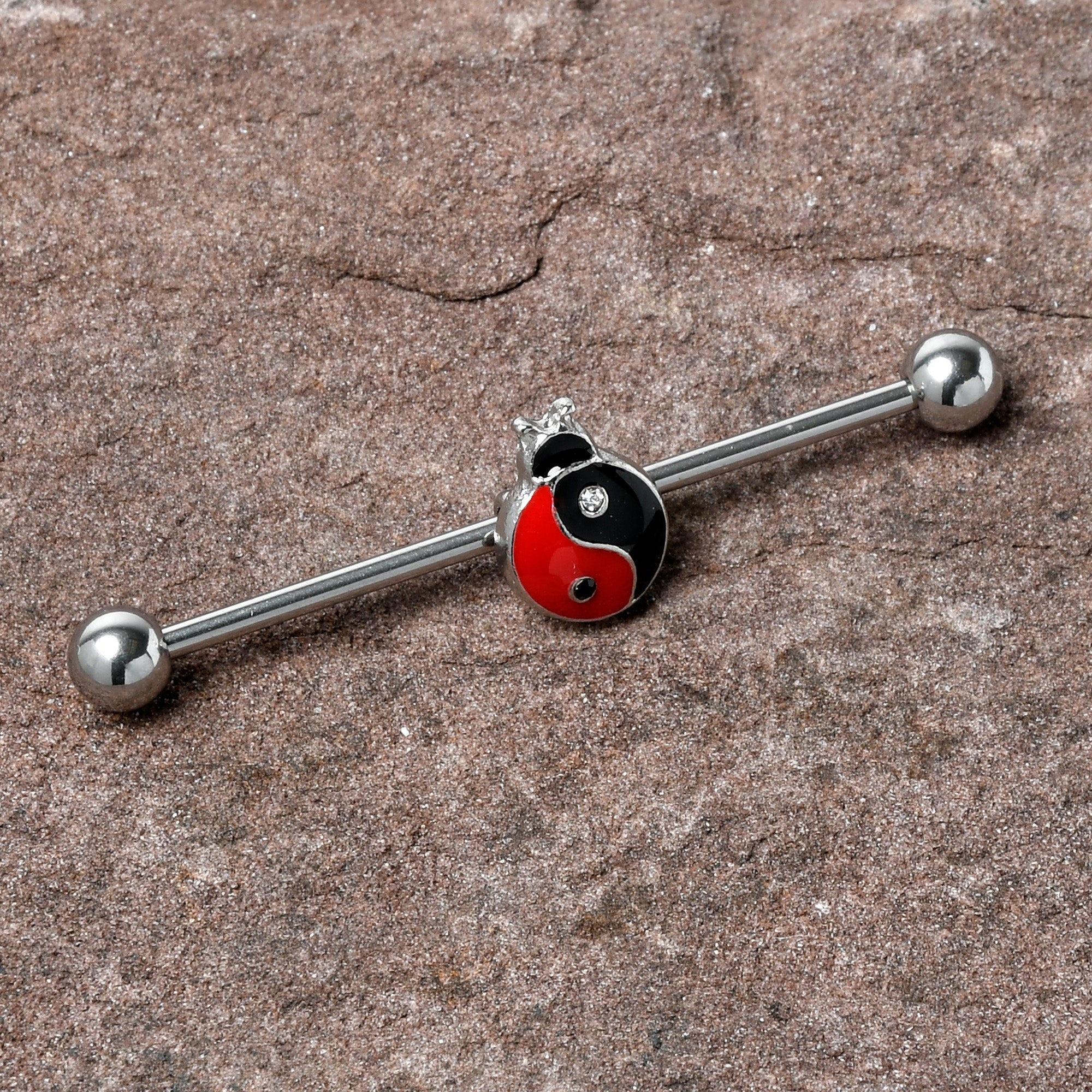 14G Clear Gem Ladybug Yin Yang Industrial Barbell 38mm