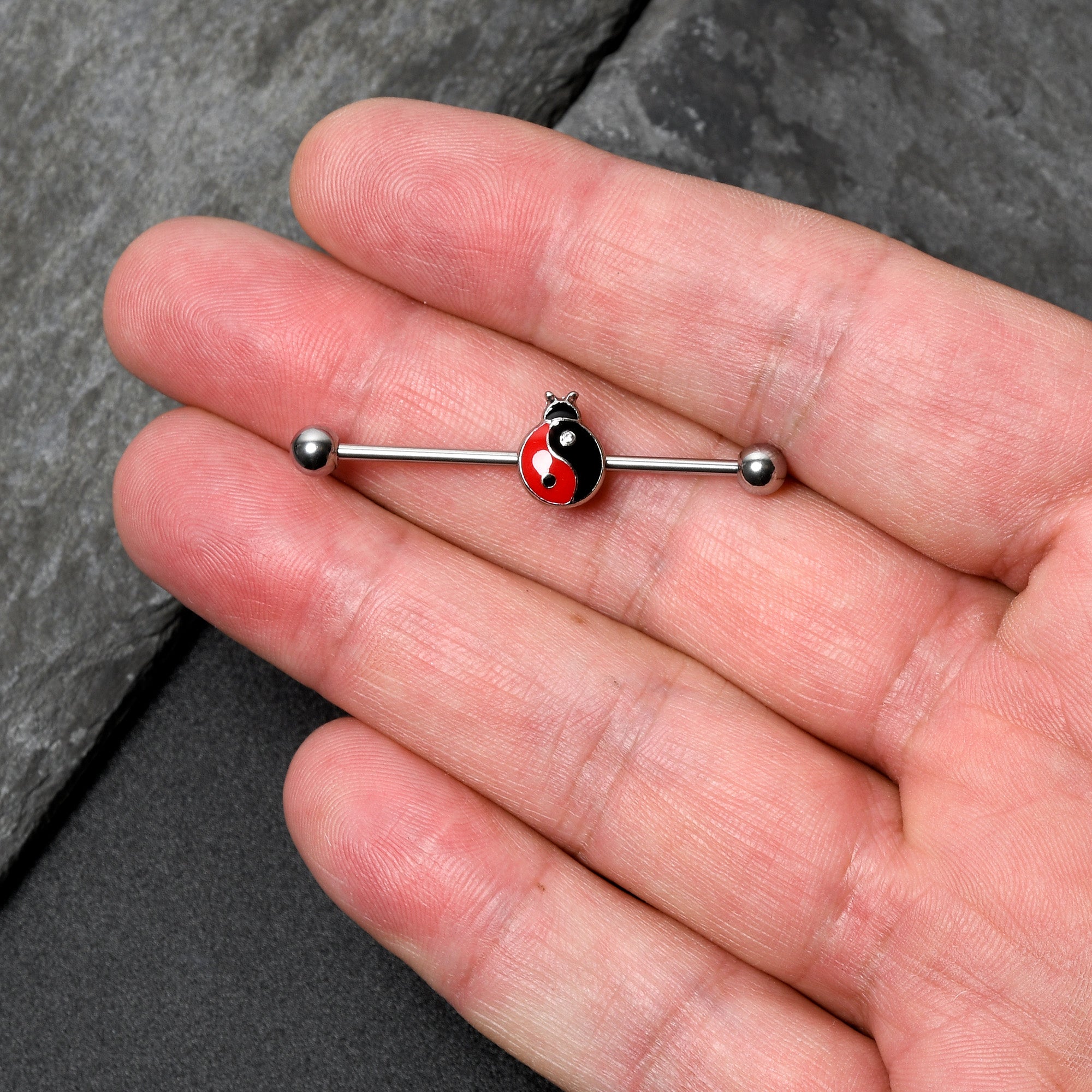 14G Clear Gem Ladybug Yin Yang Industrial Barbell 38mm