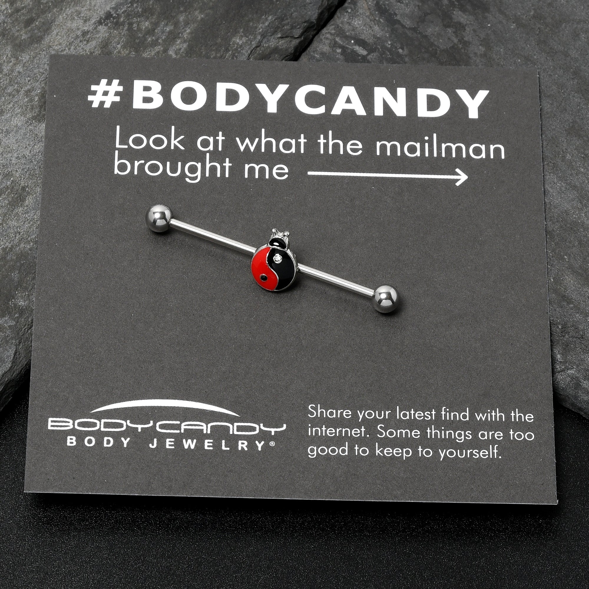 14G Clear Gem Ladybug Yin Yang Industrial Barbell 38mm