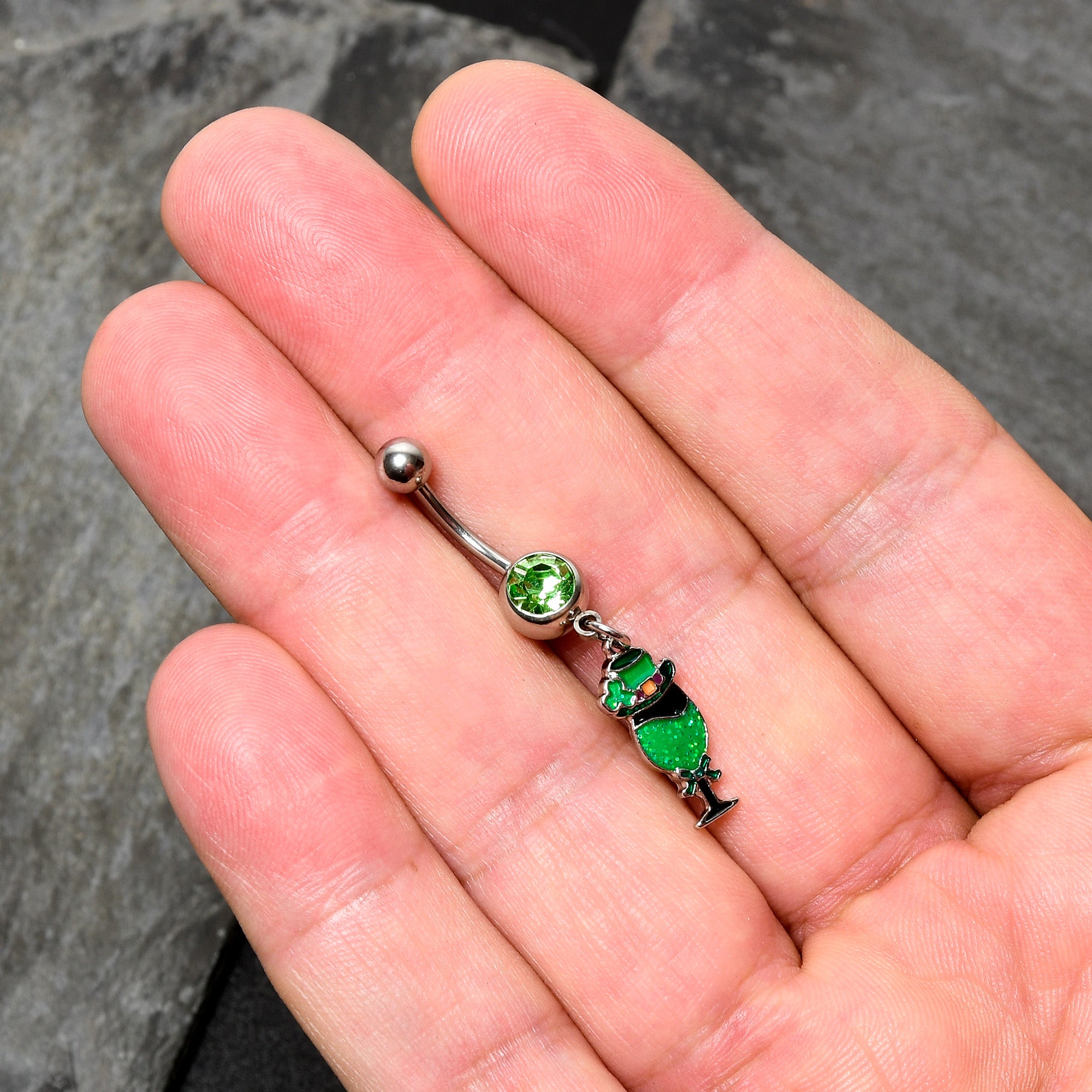 Green Gem Fancy Leprechaun St Patricks Dangle Belly Ring