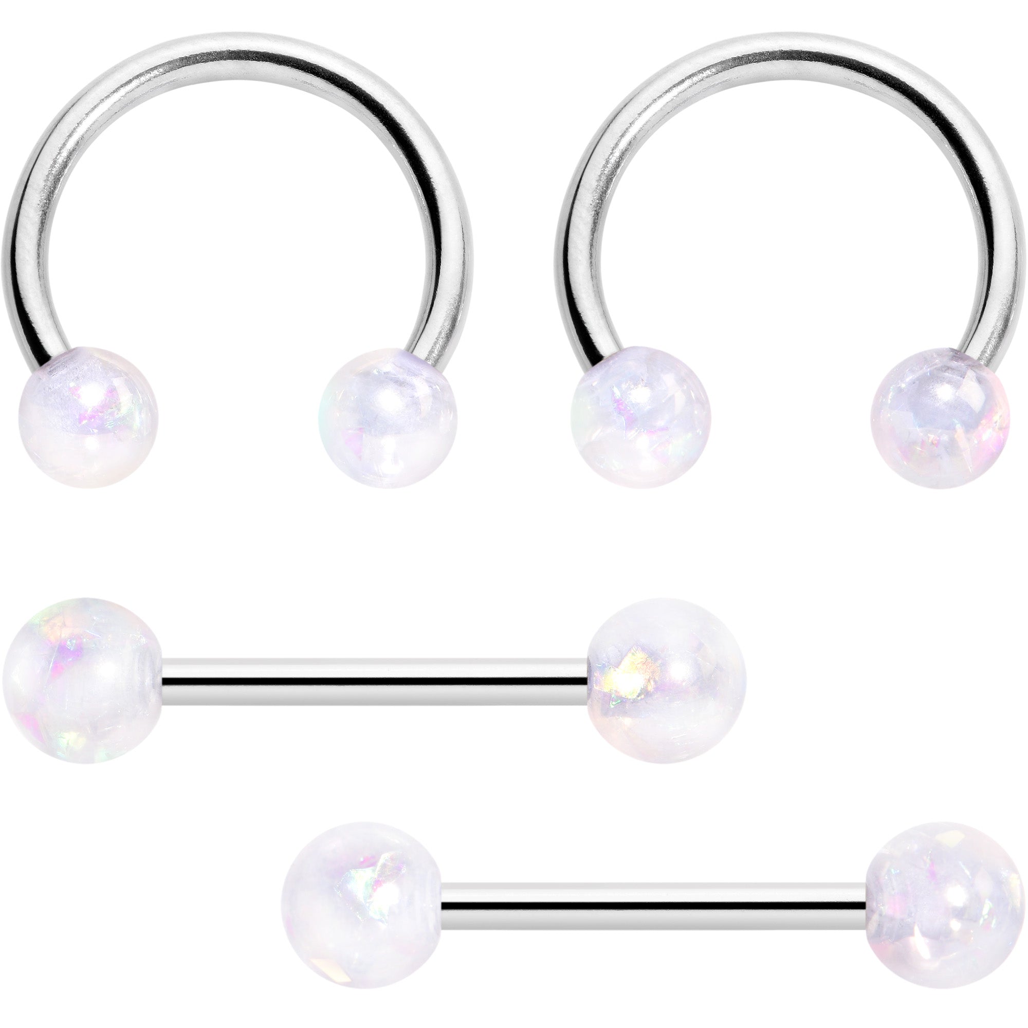 14G 9/16 White Faux Opal Horseshoe Barbell Nipple Ring Set of 4