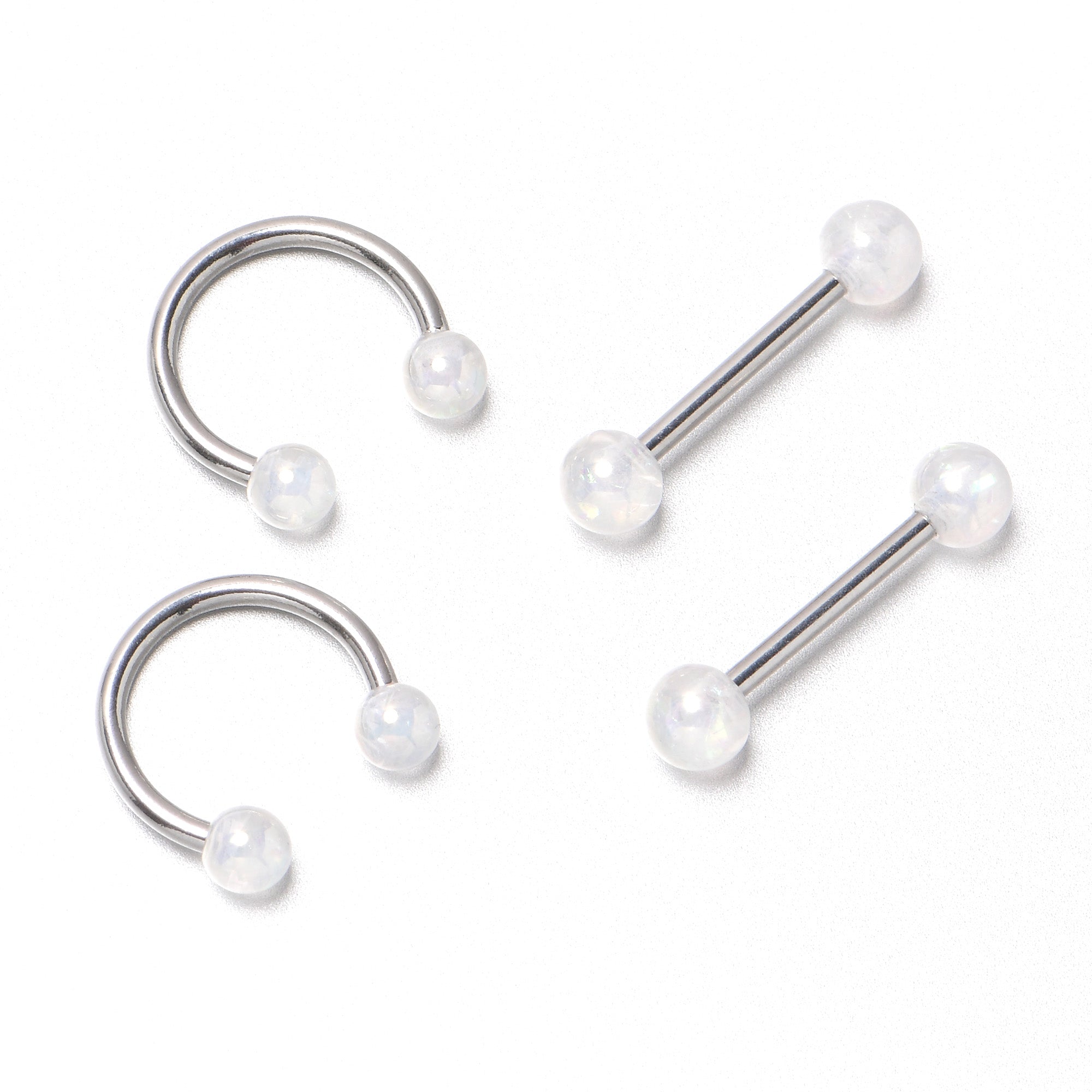 14G 9/16 White Faux Opal Horseshoe Barbell Nipple Ring Set of 4