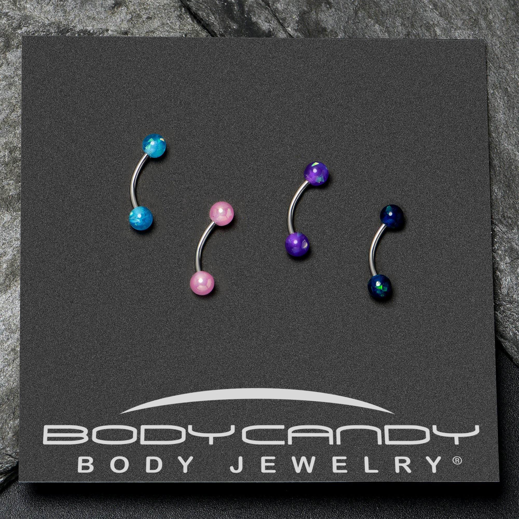 16G 3/8 Pink Blue Purple Faux Opal Pack Curved Eyebrow Ring Set of 4