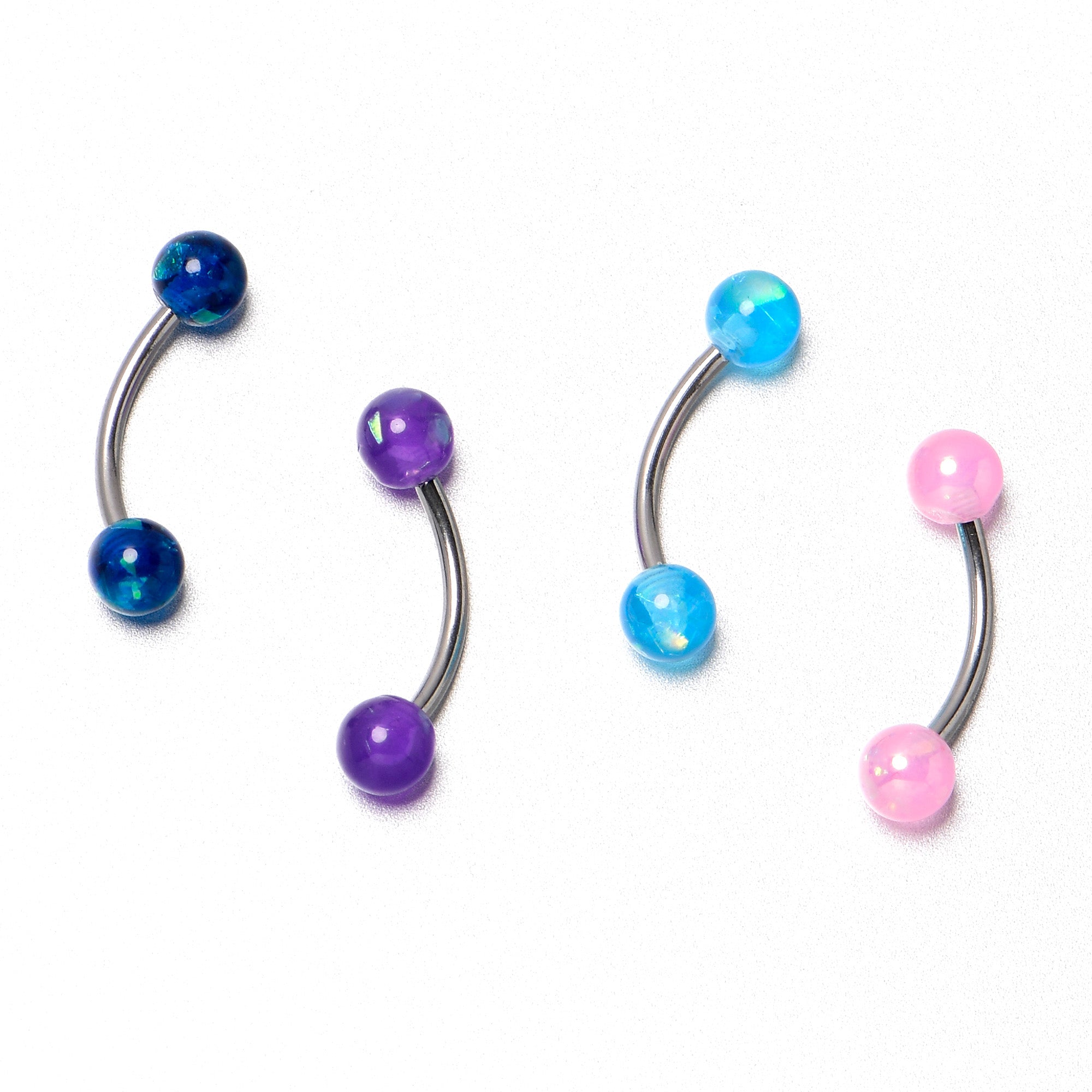 16G 3/8 Pink Blue Purple Faux Opal Pack Curved Eyebrow Ring Set of 4