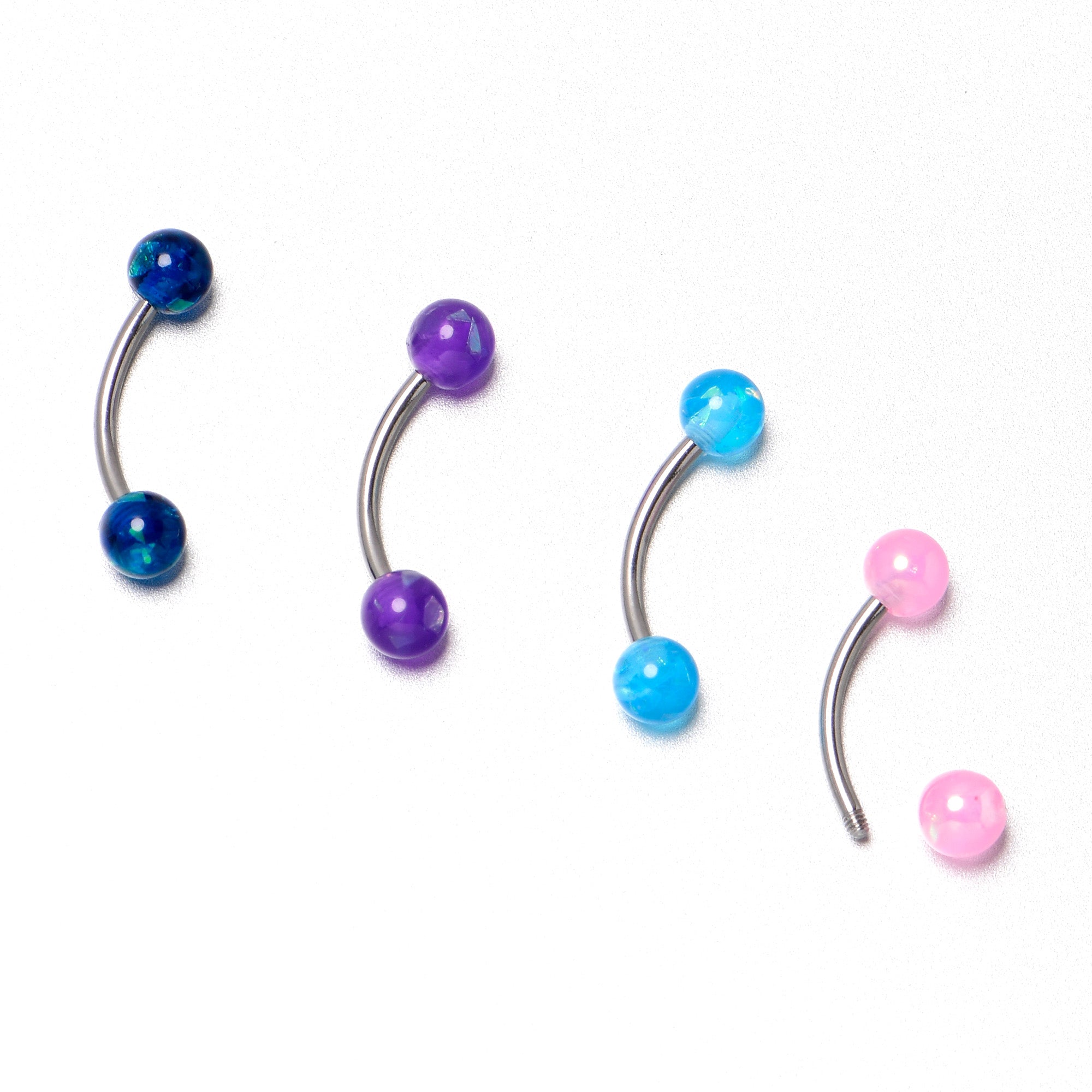 16G 3/8 Pink Blue Purple Faux Opal Pack Curved Eyebrow Ring Set of 4