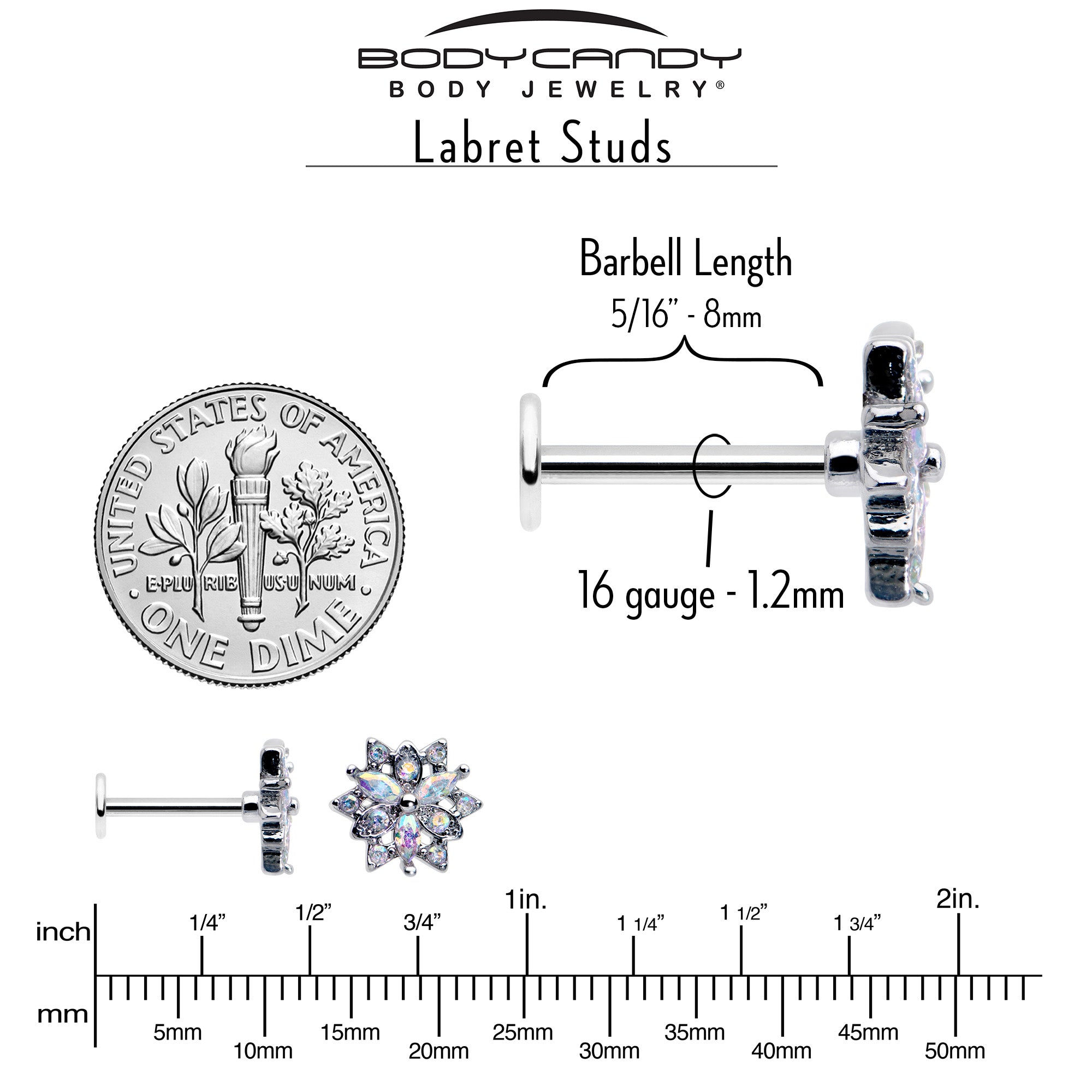 16G 5/16 Aurora CZ Gem Snowflake Style Labret Monroe Tragus