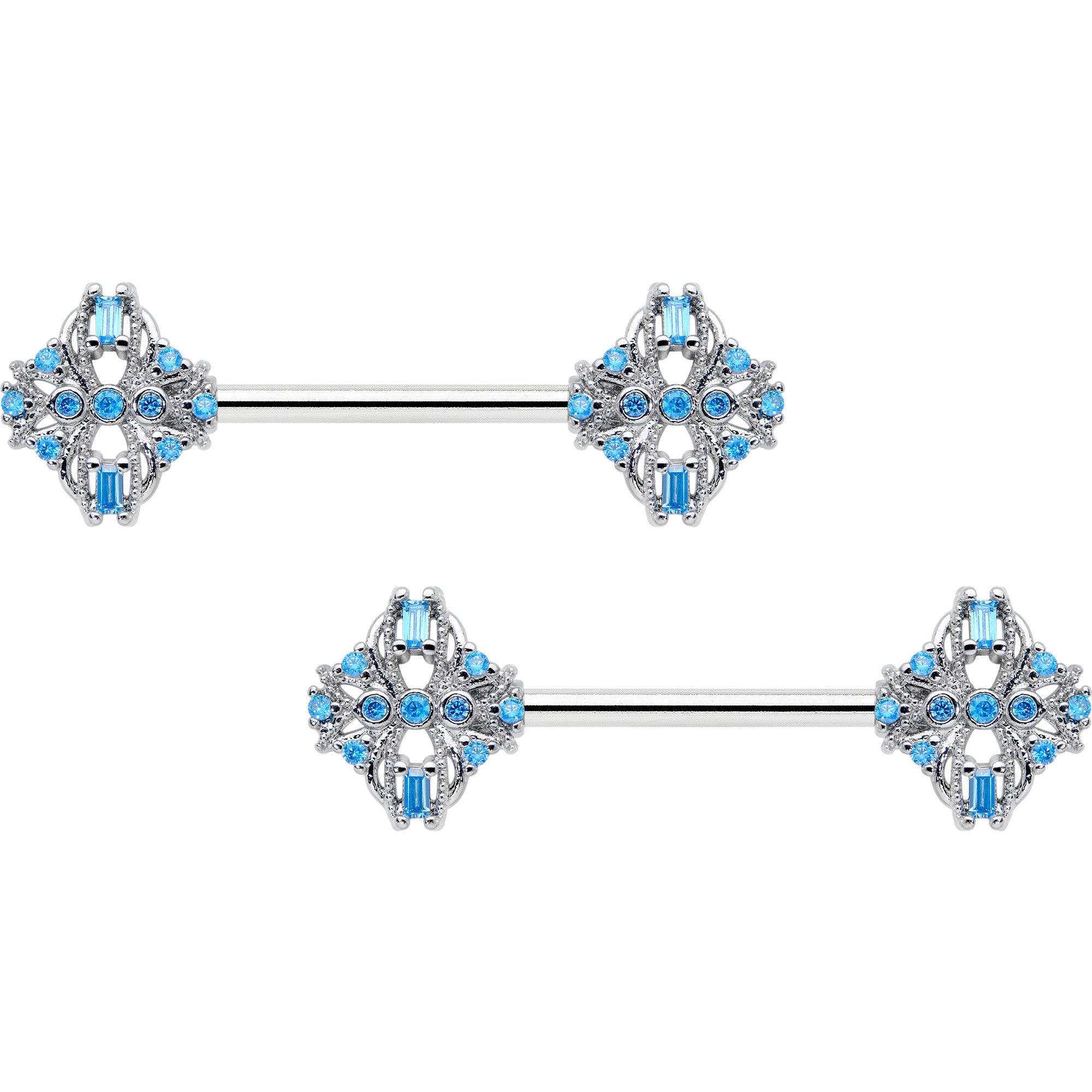 14G 9/16 Blue CZ Gem Opulent Cross Barbell Nipple Ring Set