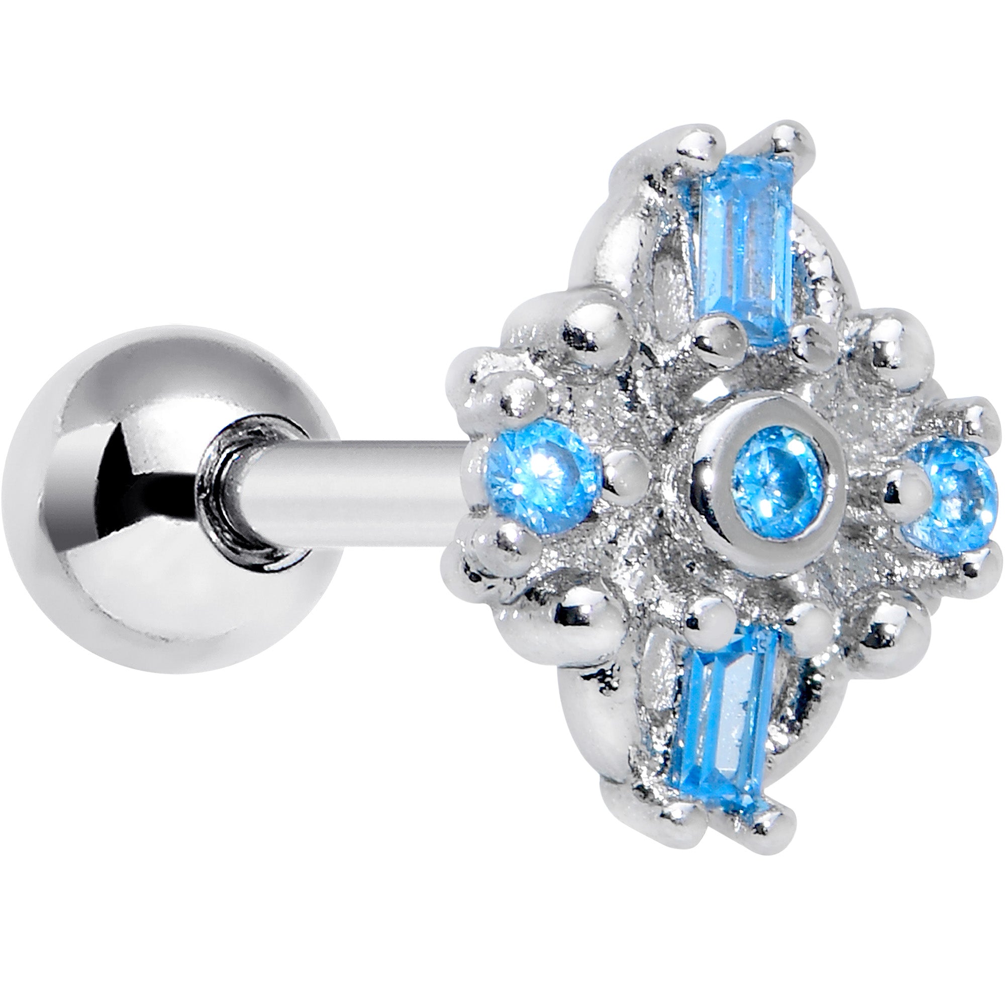16G 1/4 Blue CZ Gem Opulent Cross Cartilage Tragus Earring