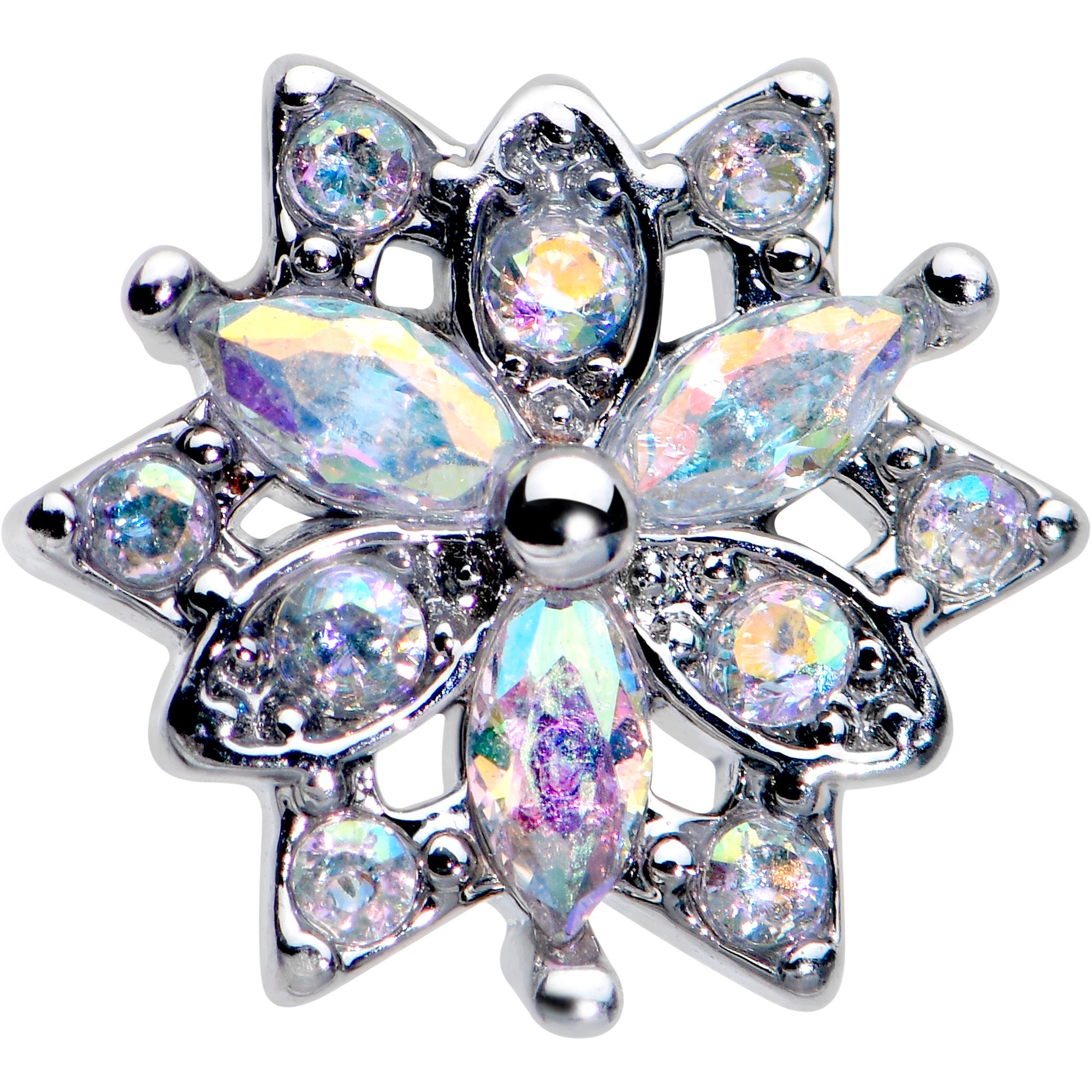 20G 7mm Aurora CZ Gem Snowflake Style L Shape Nose Ring