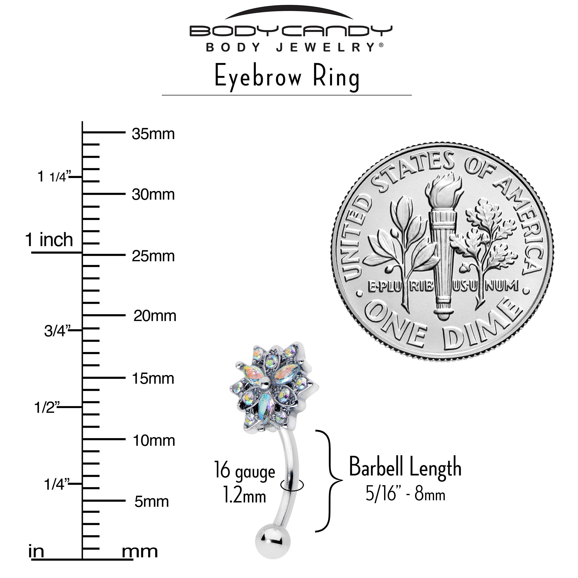 16G 5/16 Aurora CZ Gem Snowflake Style Curved Eyebrow Ring