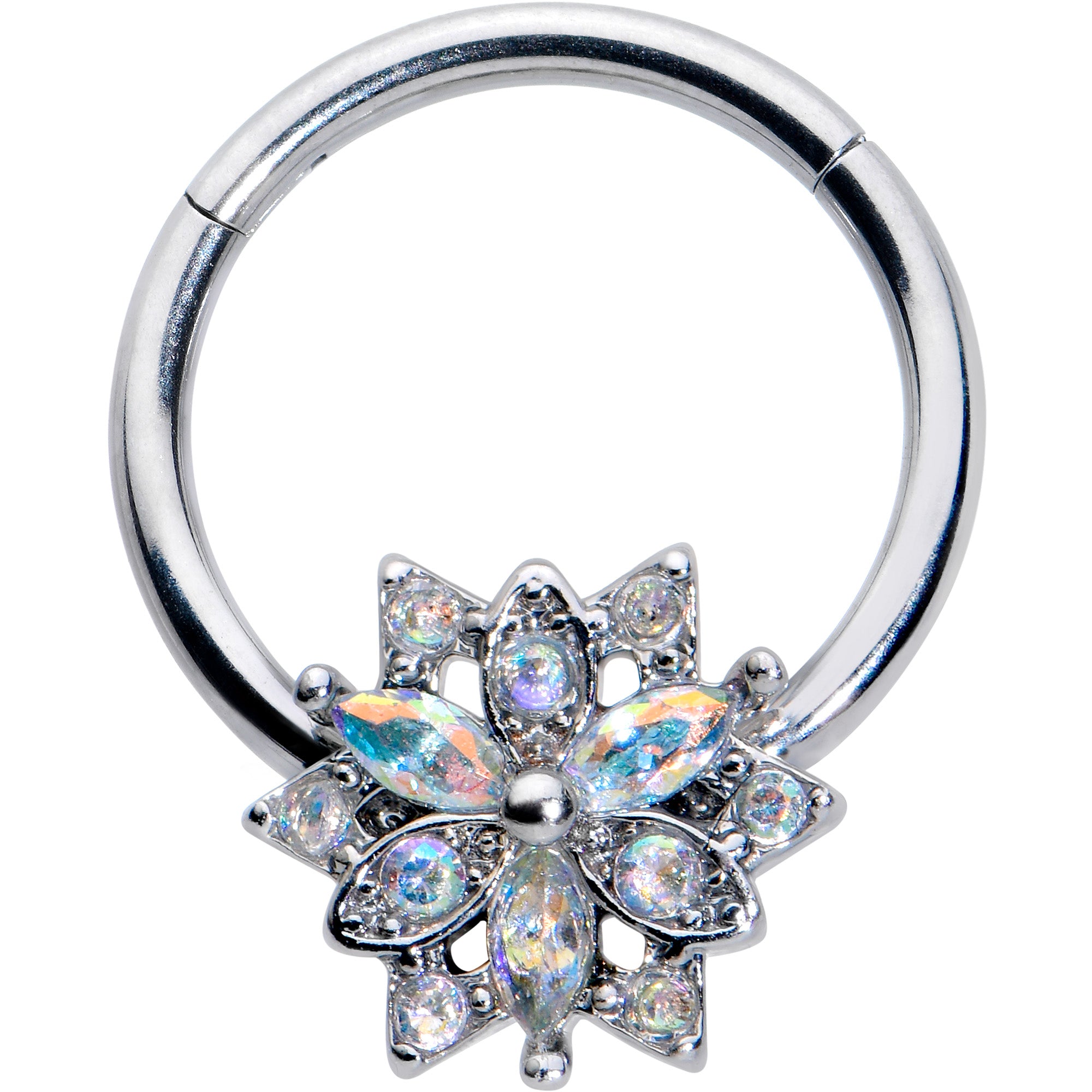 16G 3/8 Aurora CZ Gem Snowflake Style Hinged Segment Ring