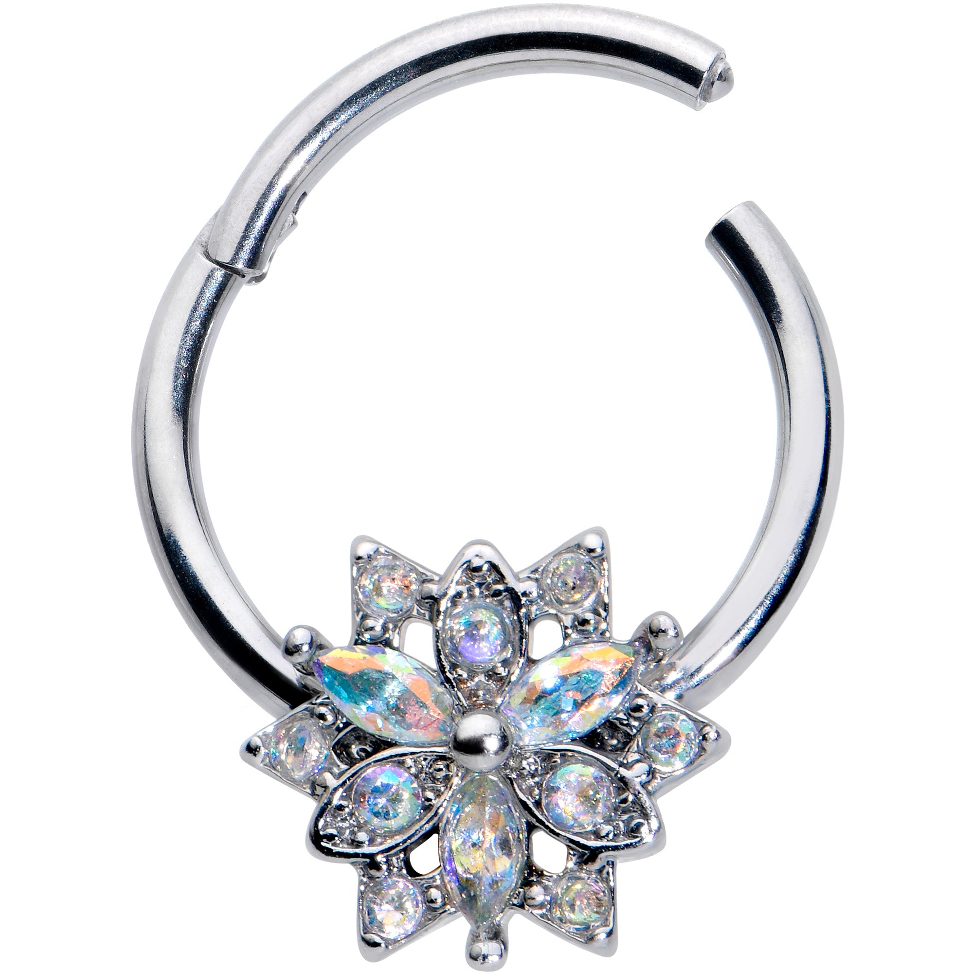 16G 3/8 Aurora CZ Gem Snowflake Style Hinged Segment Ring
