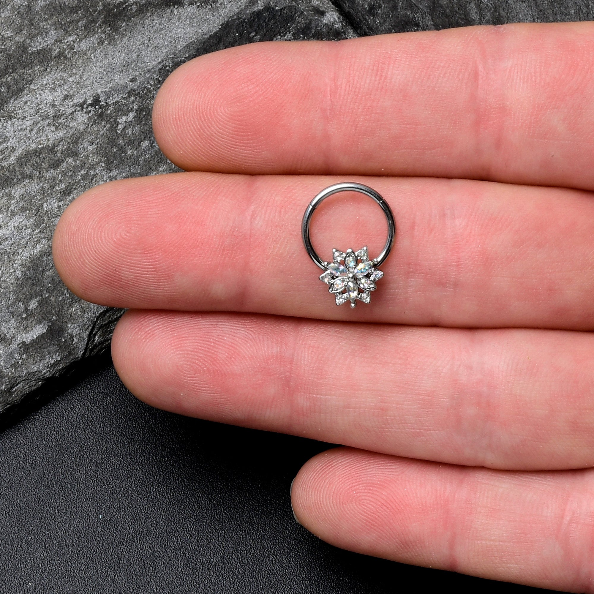 16G 3/8 Aurora CZ Gem Snowflake Style Hinged Segment Ring