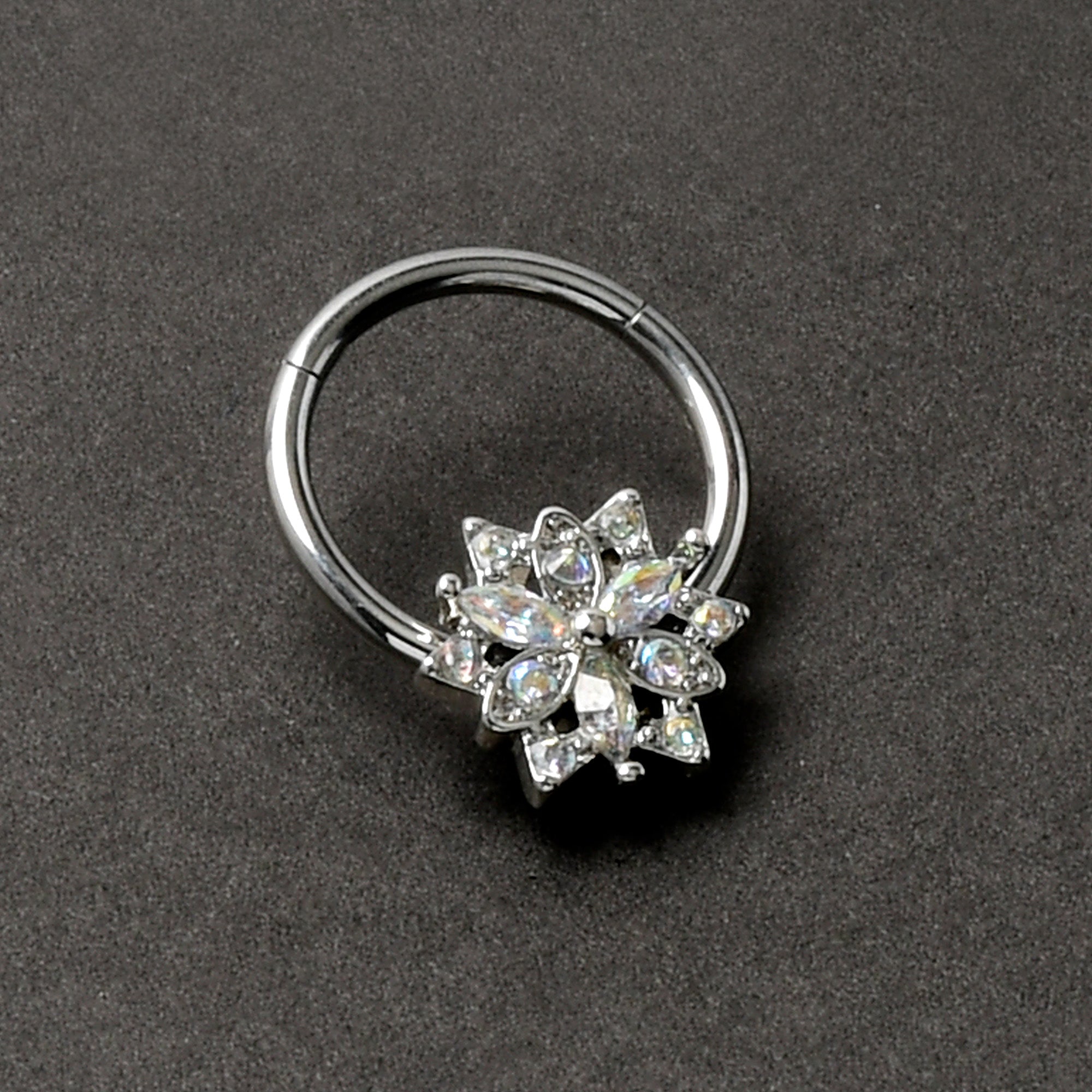 16G 3/8 Aurora CZ Gem Snowflake Style Hinged Segment Ring