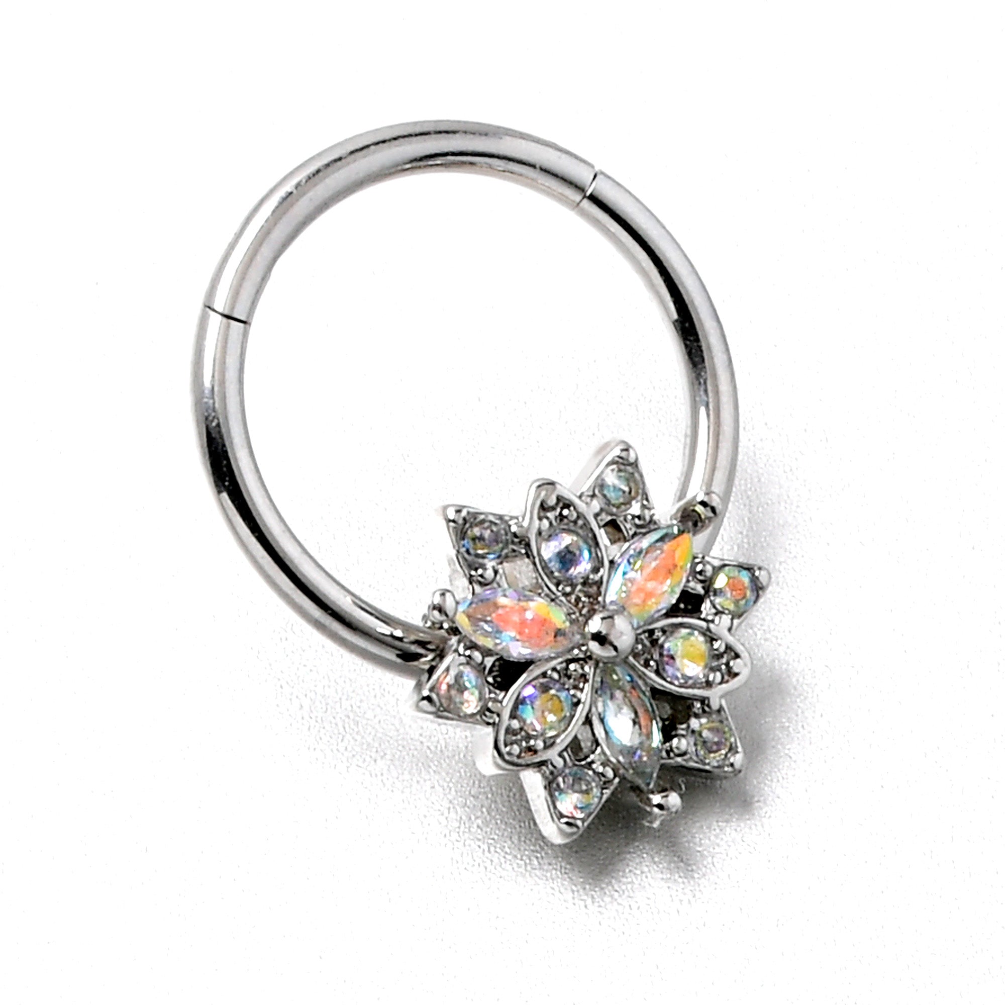 16G 3/8 Aurora CZ Gem Snowflake Style Hinged Segment Ring