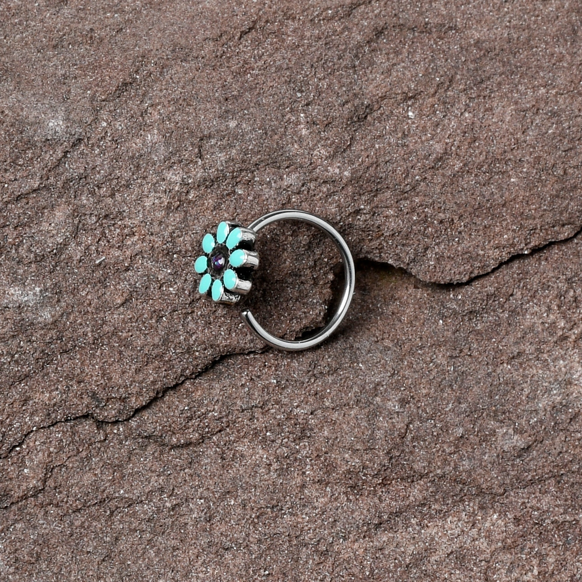 20G 5/16 Blue Gem Flower Teal Petals Nose Hoop